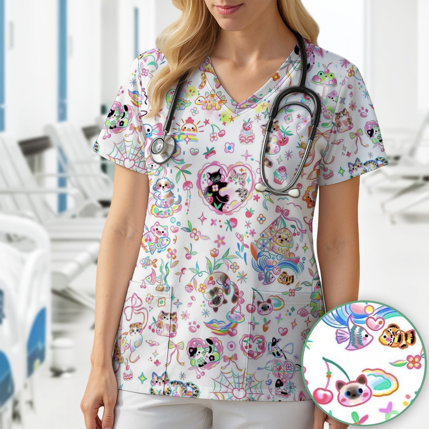 Cute Kawaii Animal Rainbow Heart Pattern Scrub Top, Comfortable Scrubs for Nurses