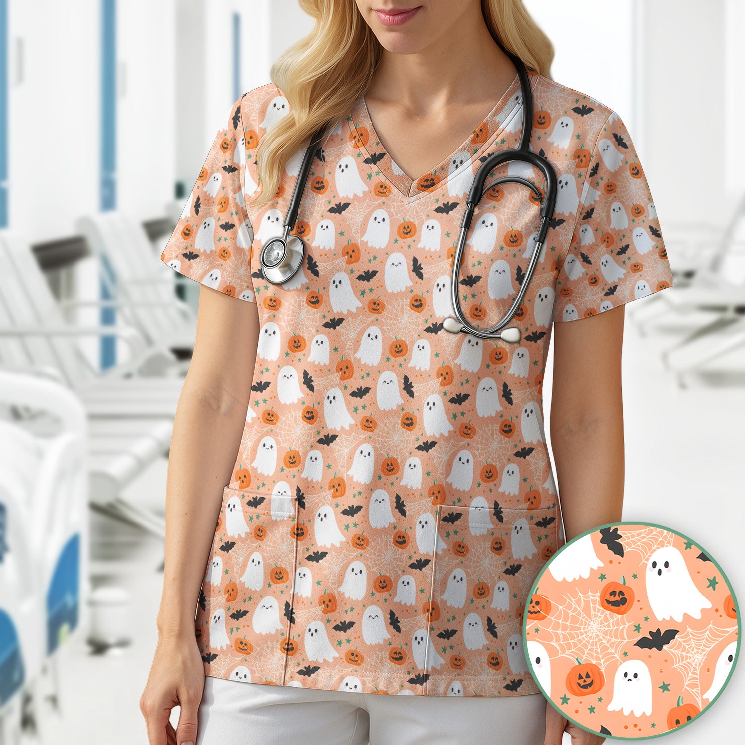 Cute Halloween Ghost And Pumpkin Scrub Top, Comfortable Scrubs for Nurses