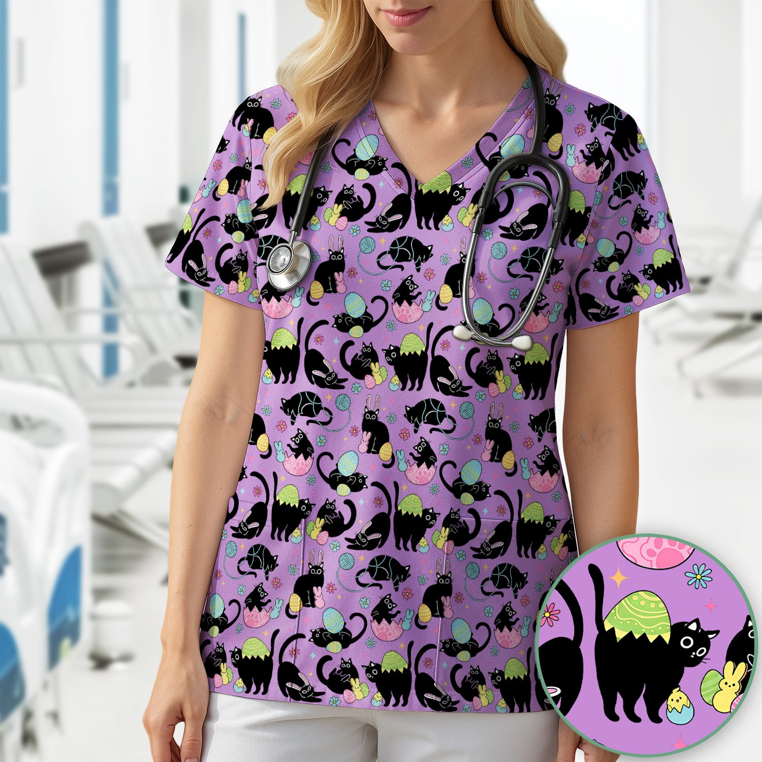 Funny Easter Black Cat Egg Pattern Scrub Top, Breathable Fabrics Nursing Uniform