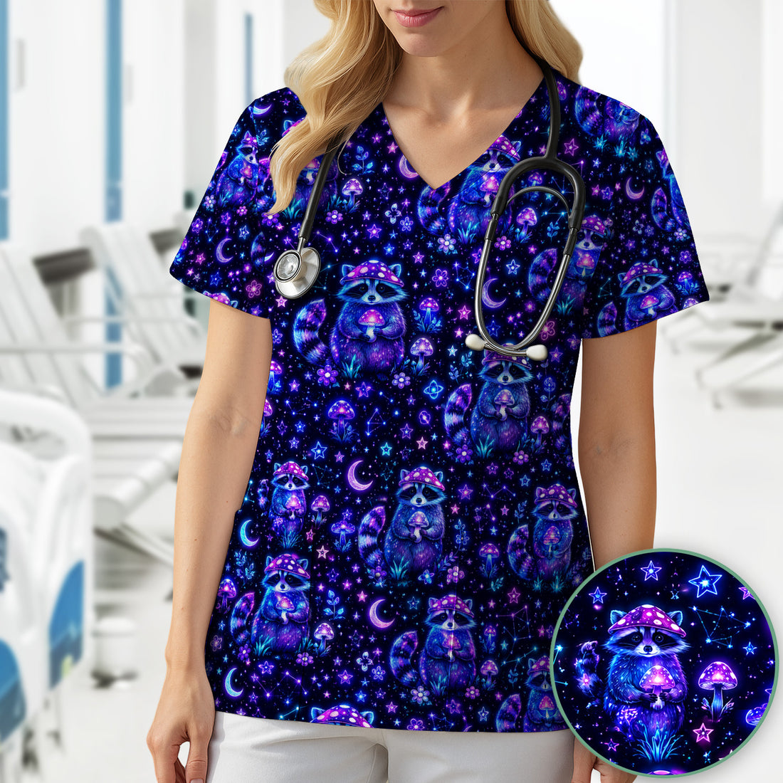 Neon Mushroom Raccoon Nurse Scrub Top for RN, CNA, Pediatric Nurses, Galaxy Uniform