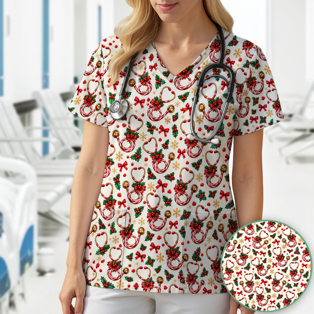 Christmas Candy Cane Stethoscope Pattern Scrub Top, Comfortable Scrubs for Nurses