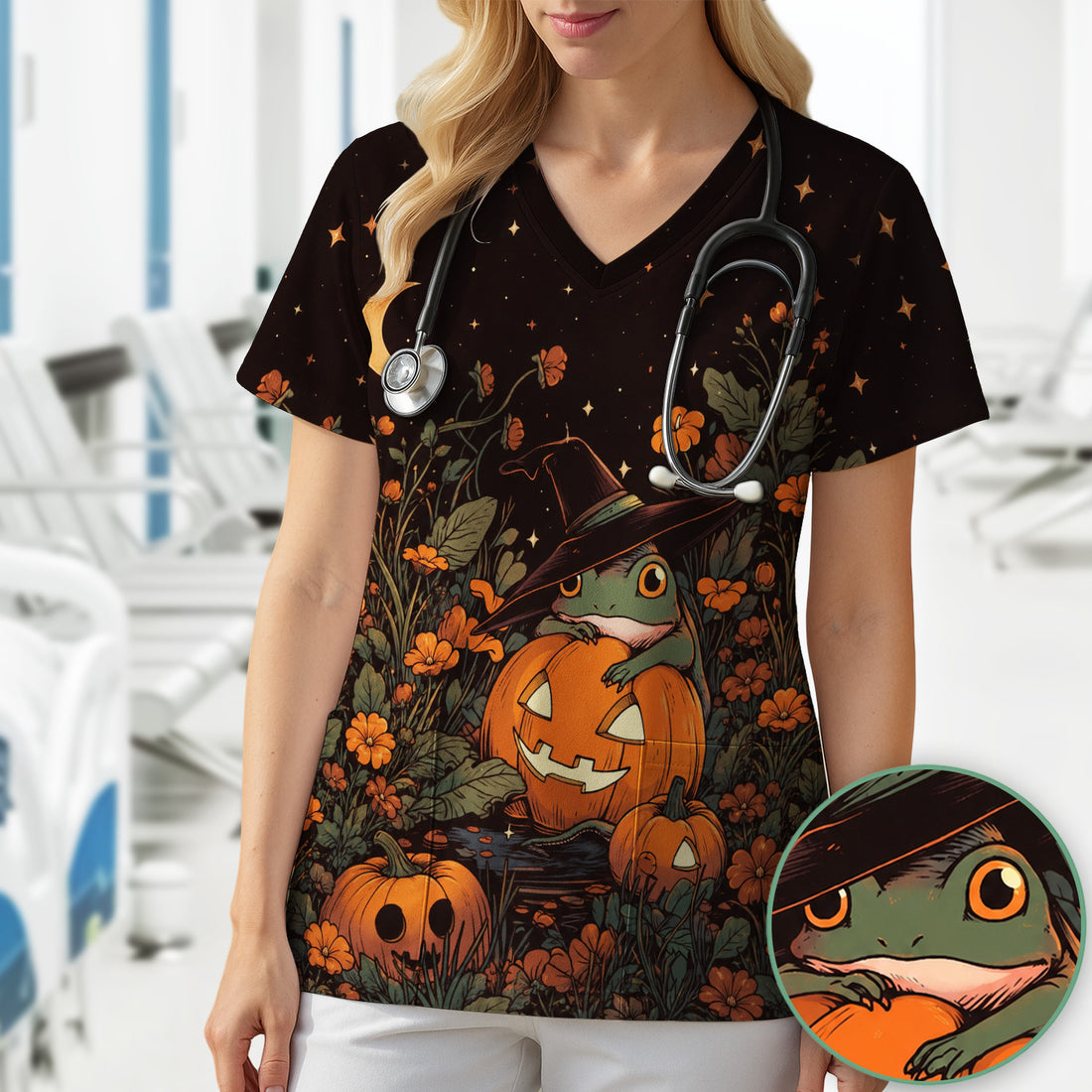 Cute Pumpkin and Frog Pattern Scrub Top, Comfortable Scrubs for Nurses, Gift Halloween for Pediatric Nurses, RN, CNA