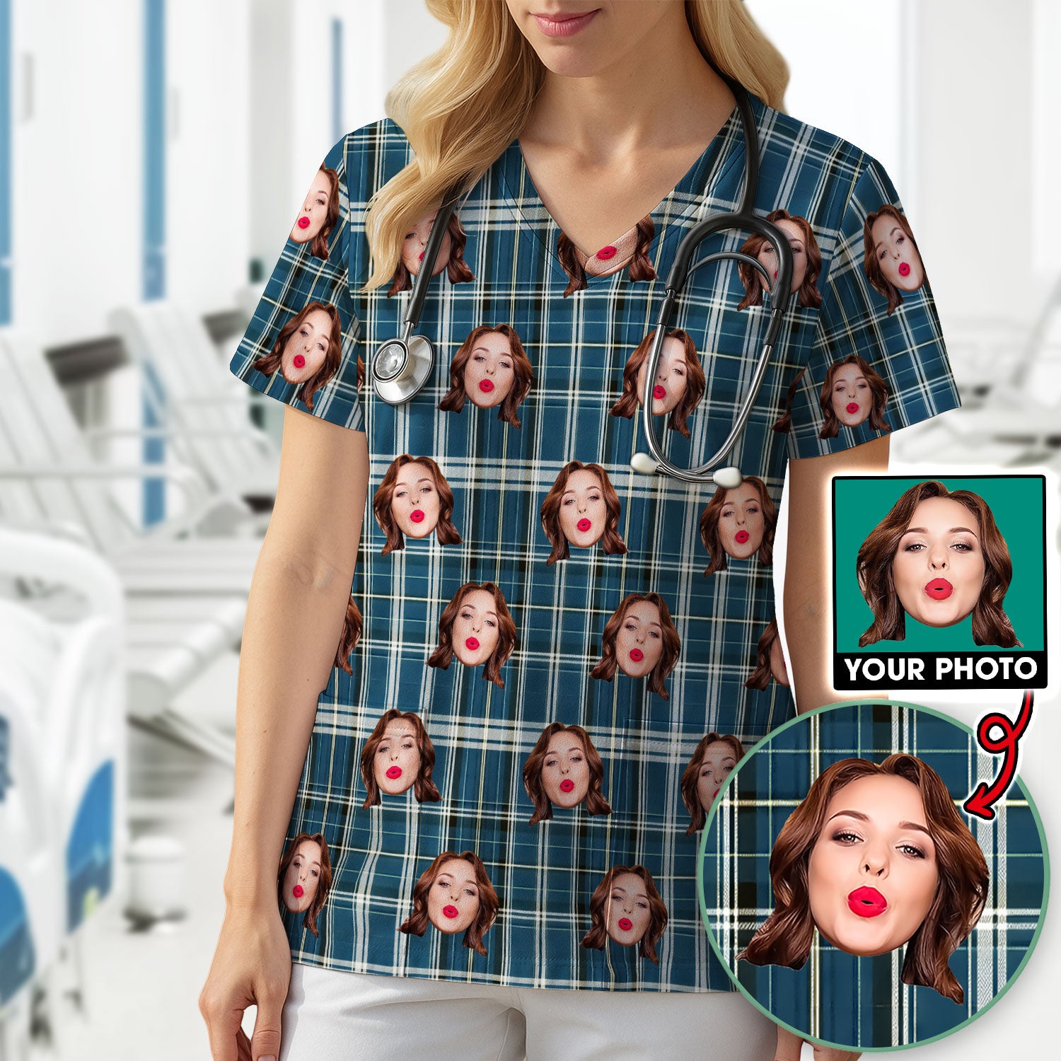 Personalized Funny Face Plaid Scrub Top, Custom Photo Pattern Medical Shirt, Breathable Fabrics Nursing Uniform