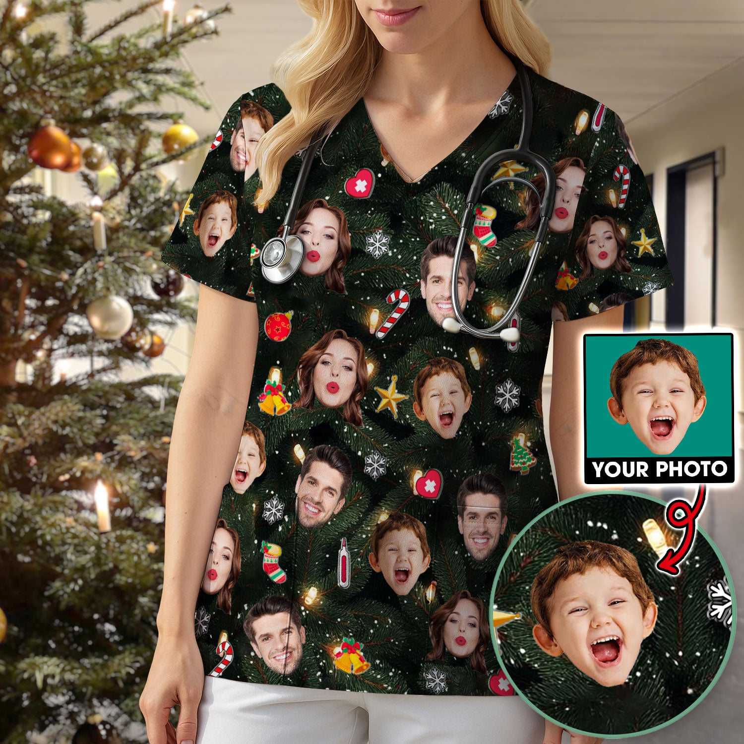 Personalized Christmas Photo Scrub Top, Funny Xmas Custom Face Scrub Shirt, Breathable Fabrics Nursing Uniform