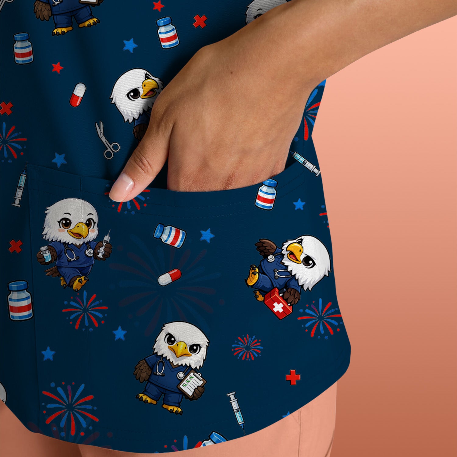 Patriotic Nurse Eagle Fireworks Medical Pattern Scrub Top, Breathable Fabrics Nursing Uniform