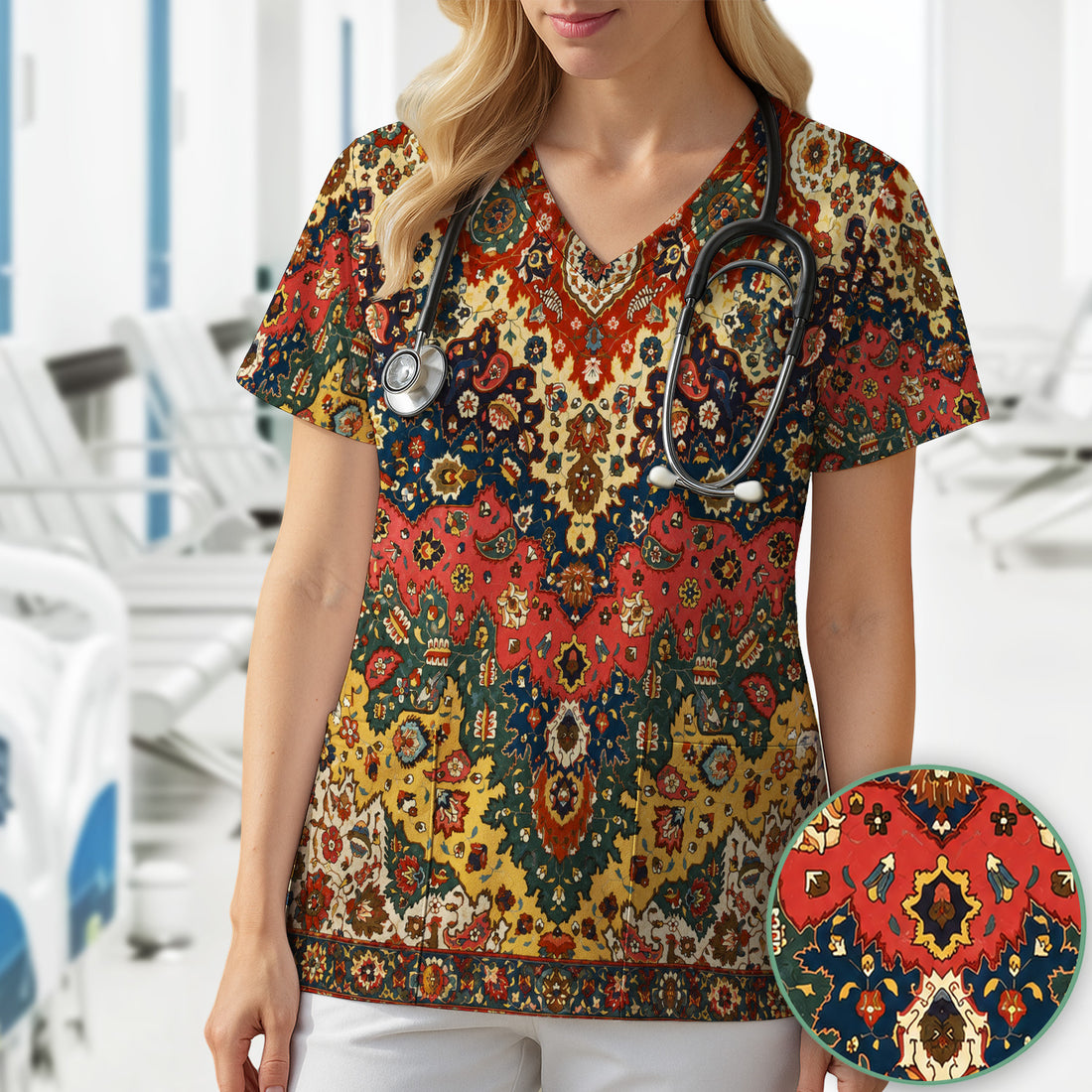 Vintage Persian Rug Floral Pattern Scrub Top, Comfortable Scrubs for Nurses