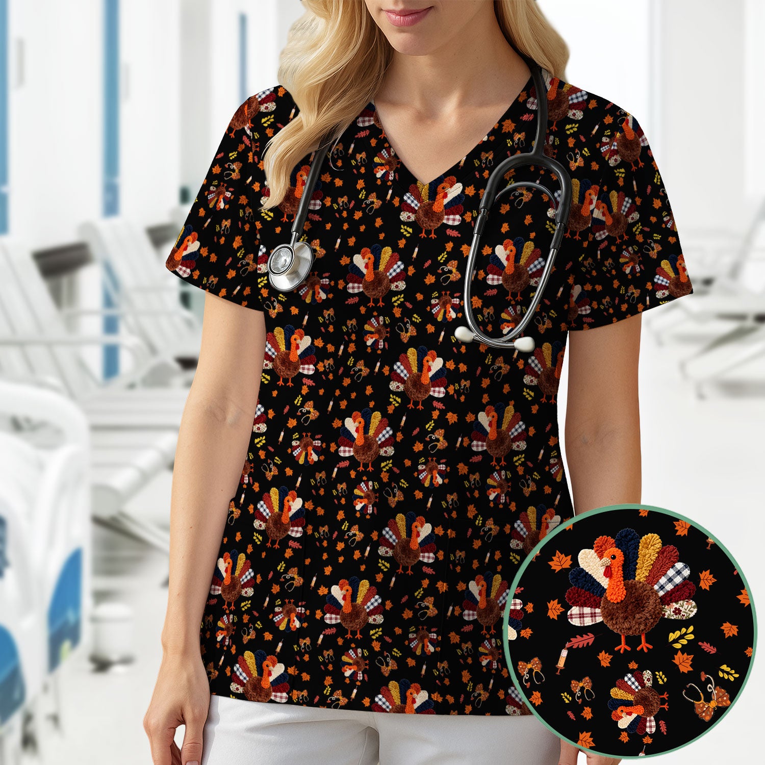 Thanksgiving Comfortable Scrubs for Nurses - Funny Autumn Turkey Shirt - Breathable Fabrics Nursing Uniform