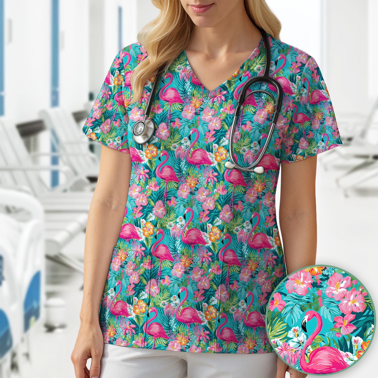 Tropical Flamingo Floral Pattern Scrub Top, Comfortable Scrubs for Nurses
