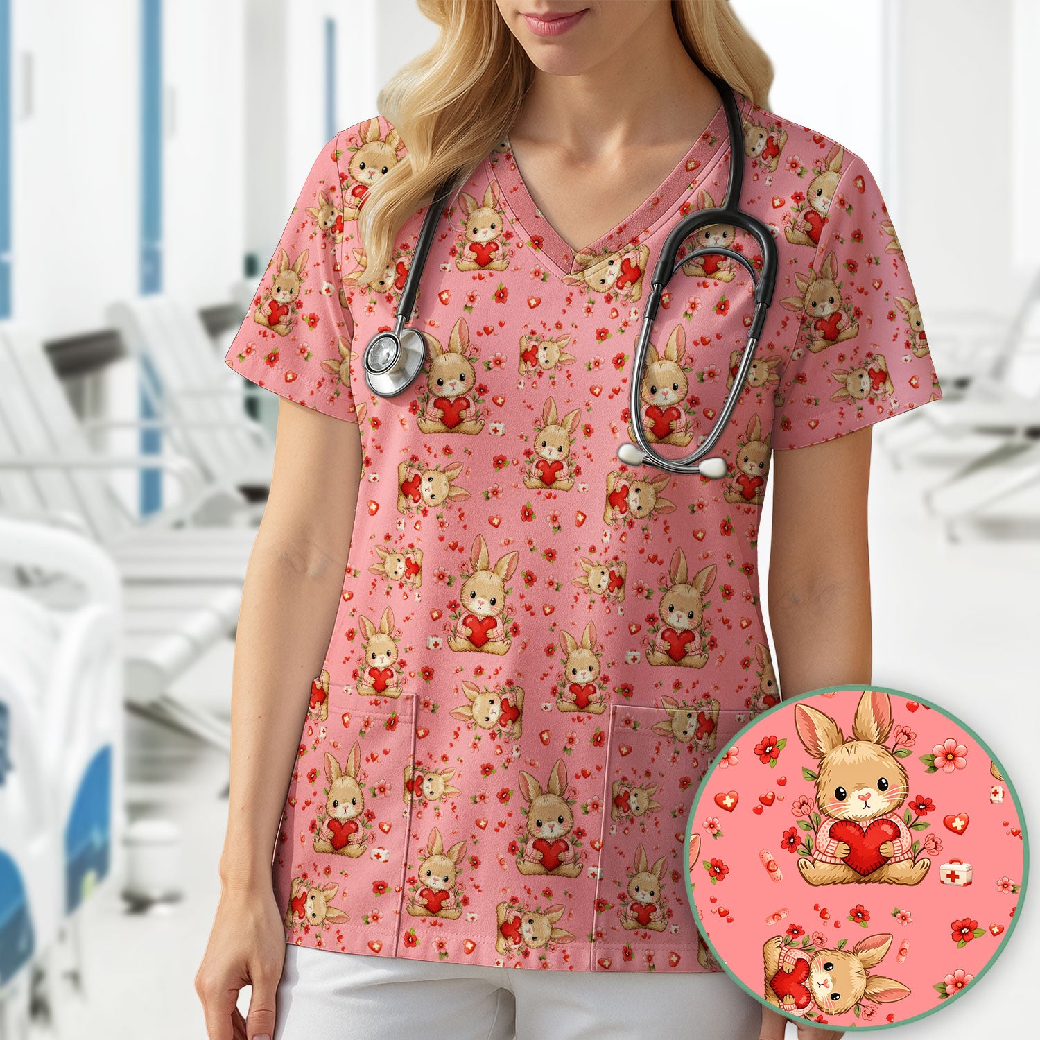 Adorable Bunny Heart Healthcare Design Scrub Top, Comfortable Scrubs for Nurses, Easter