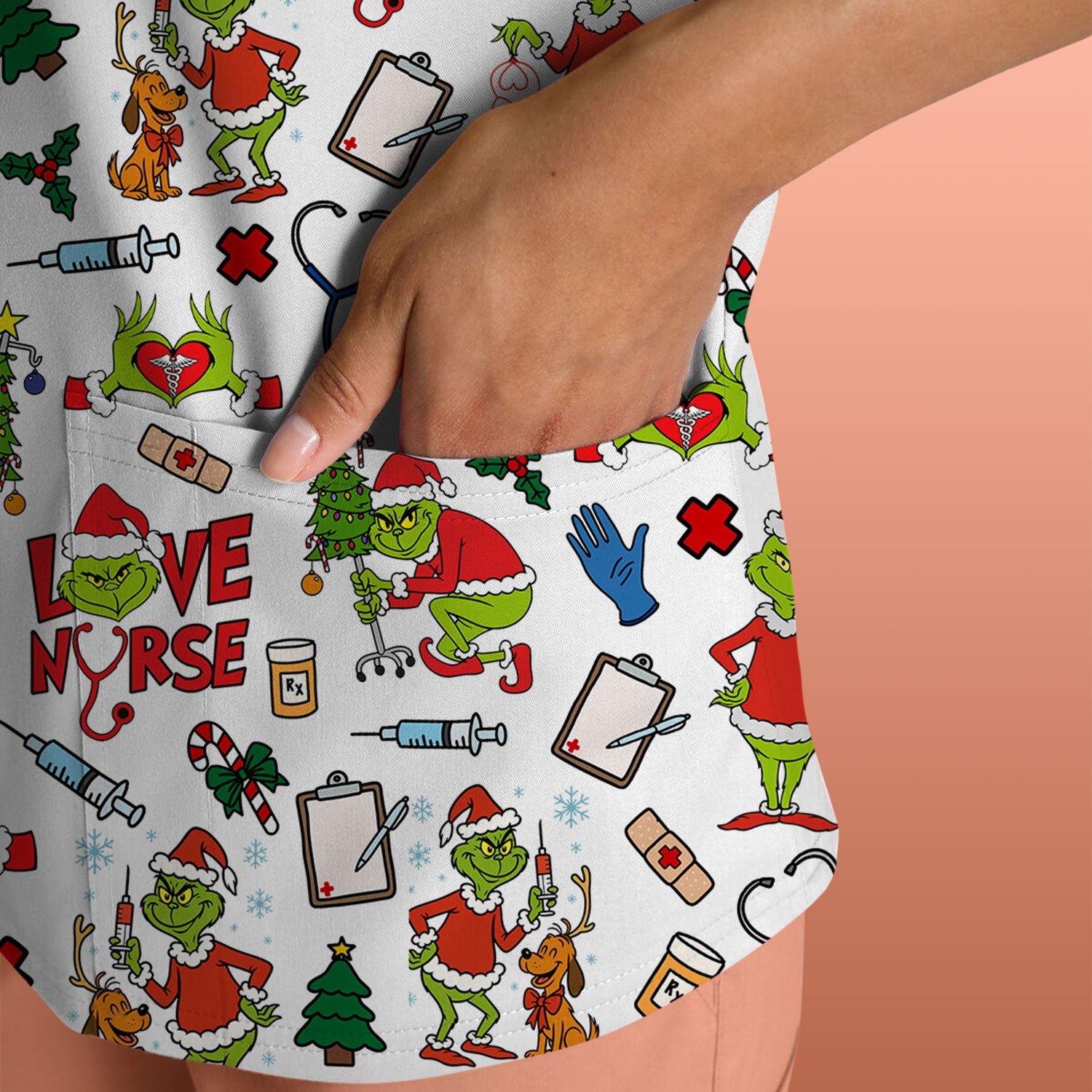Funny Grinch Love Nurse Scrub Top - Multi Color Christmas Scrub Shirt - Cute Holiday Nursing Workwear with Pockets for Women