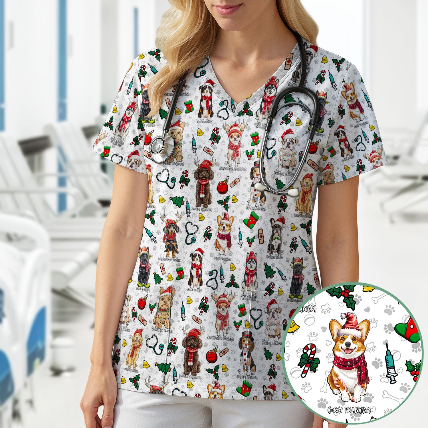 Cute Christmas Dog Scrubs for Nurses - Corgi, Dachshund, Husky, Poodle & Labrador - Funny Holiday Medical Scrub Top for Women