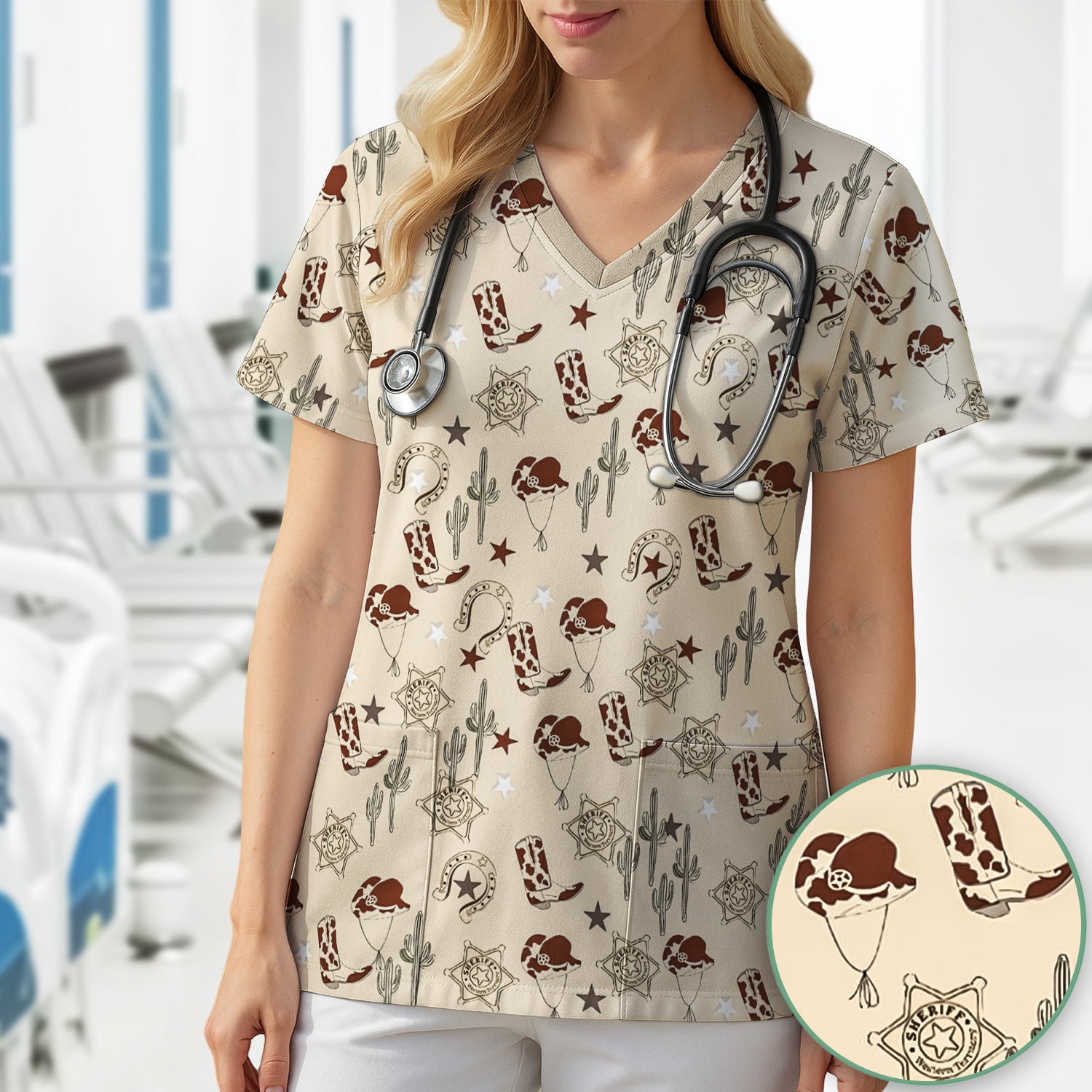 Funny Cowboy Hats & Boots Pattern Scrub Top, Comfortable Scrubs for Nurses
