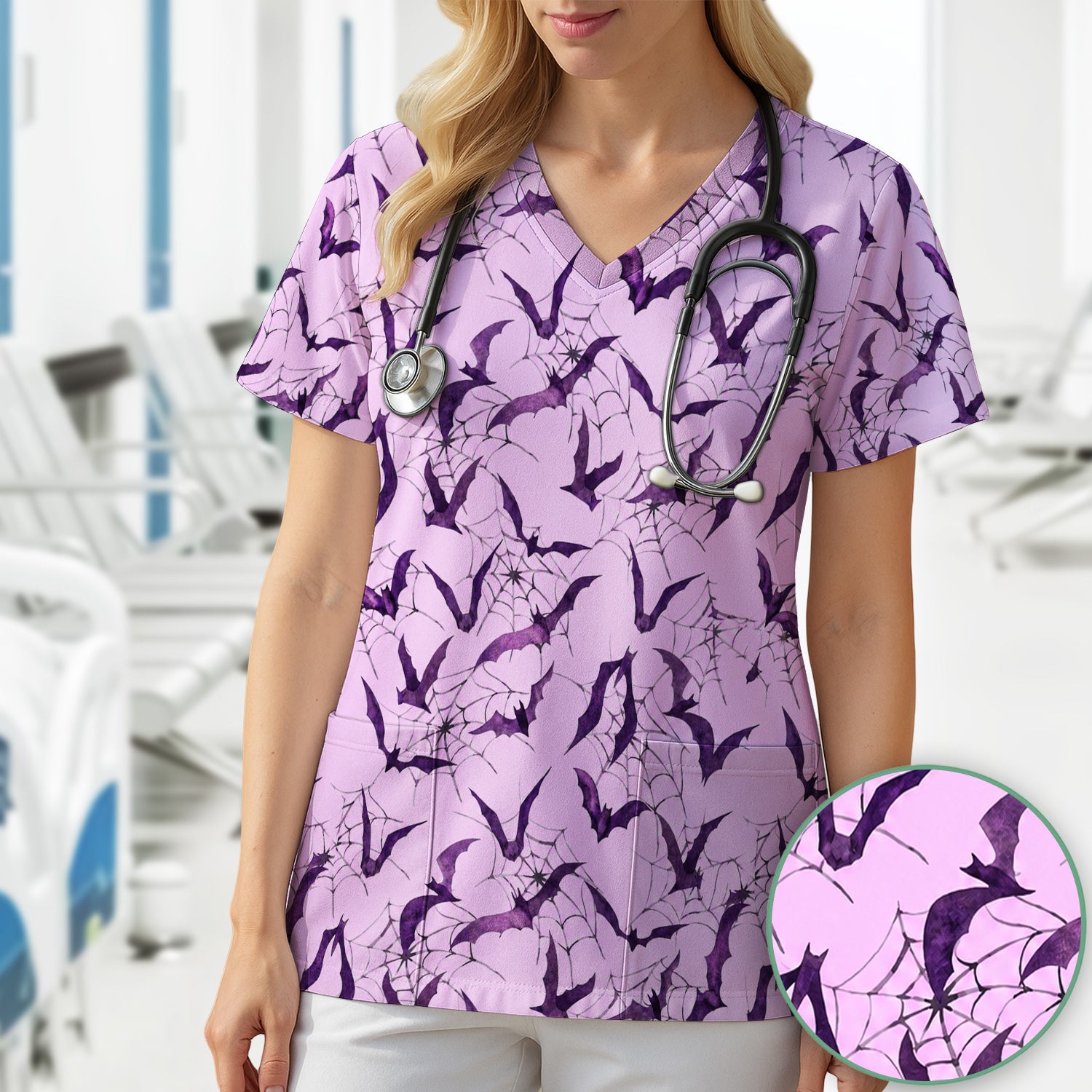 Halloween Bat with Spider Web Scrub Top, Comfortable Scrubs for Nurses