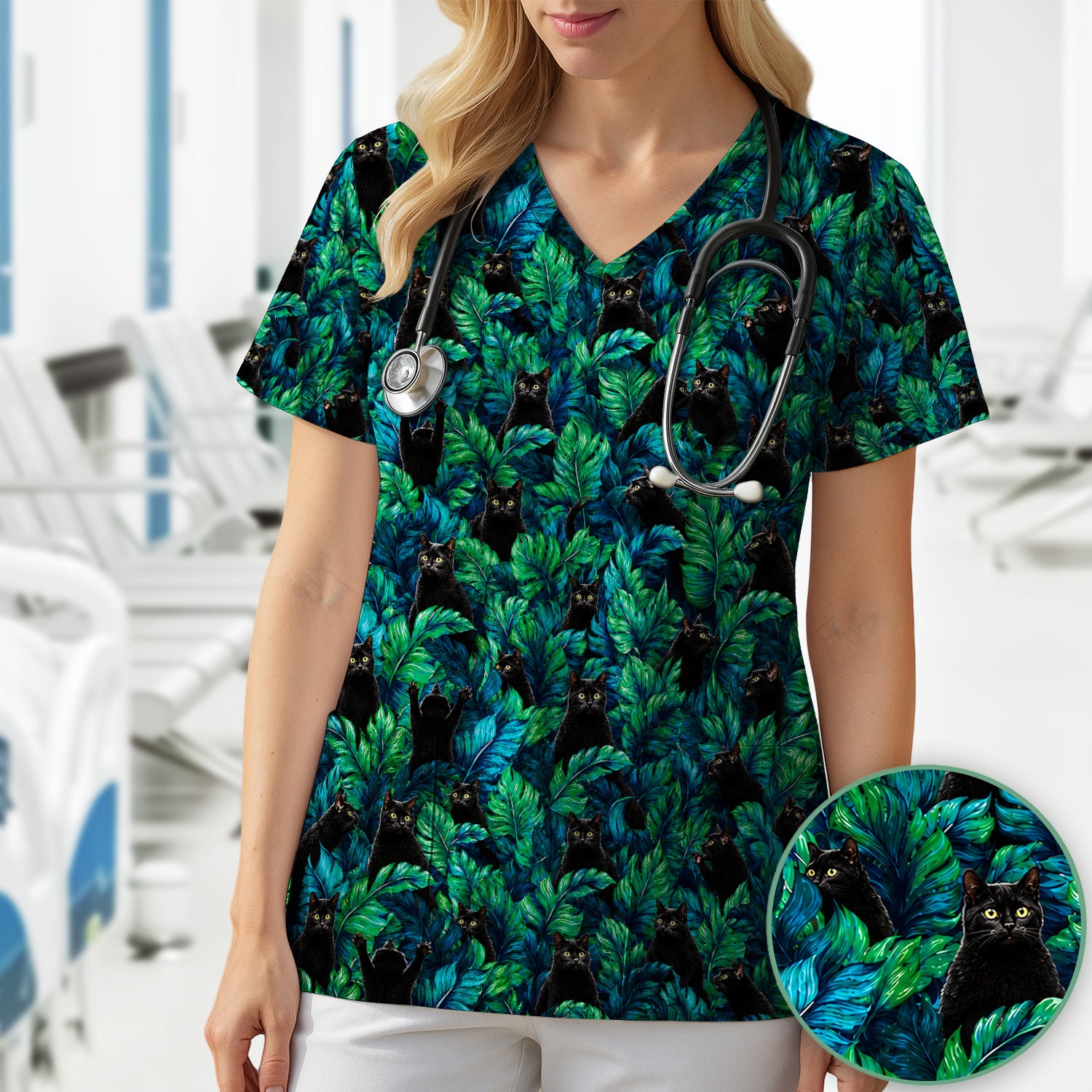 Black Cat Tropical Jungle Leaves Pattern Scrub Top, Comfortable Scrubs for Nurses