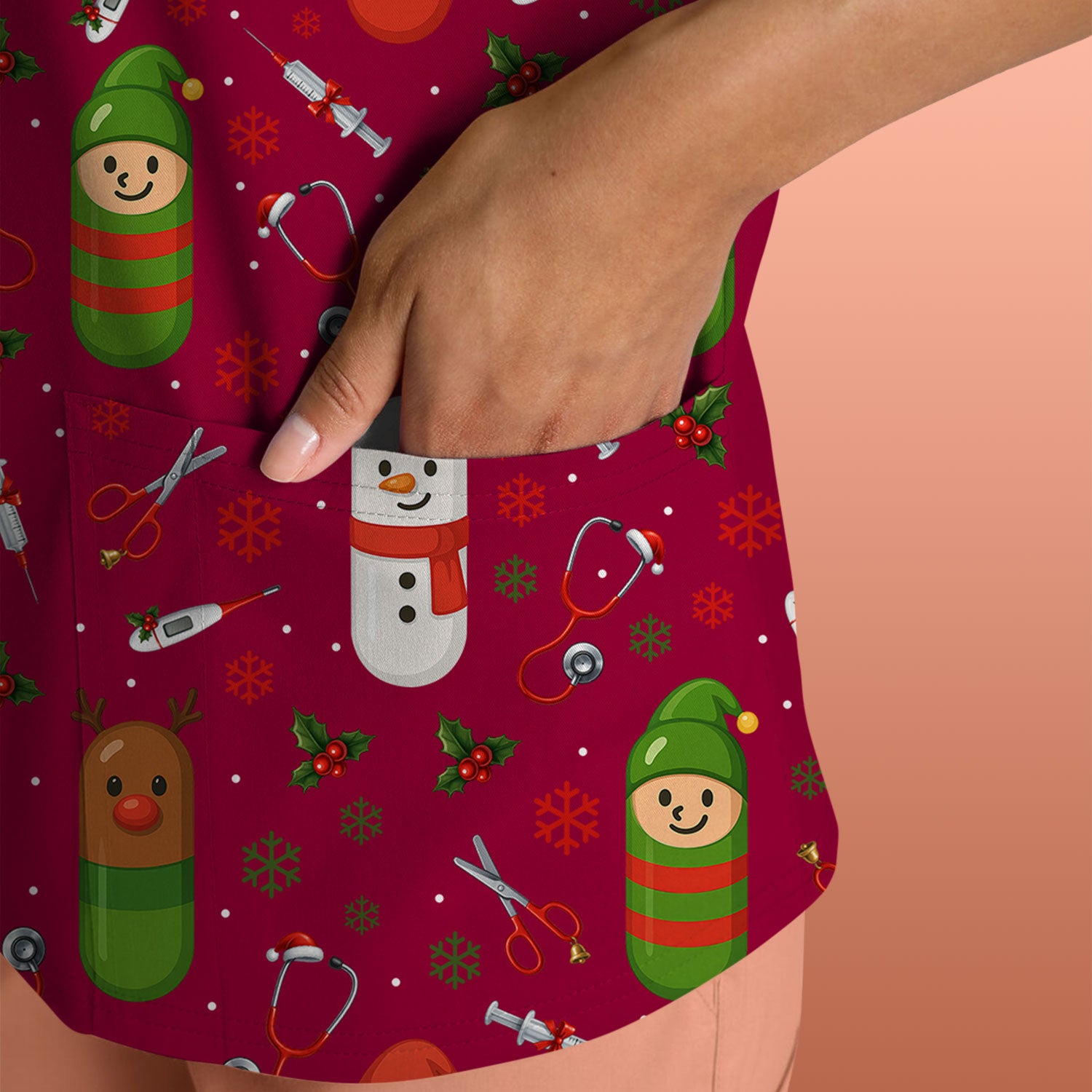 Santa Christmas Scrubs Set - Fun Holiday Pattern with Reindeer and Snowman - Cute Medical Scrub Top and Pants for Nurses