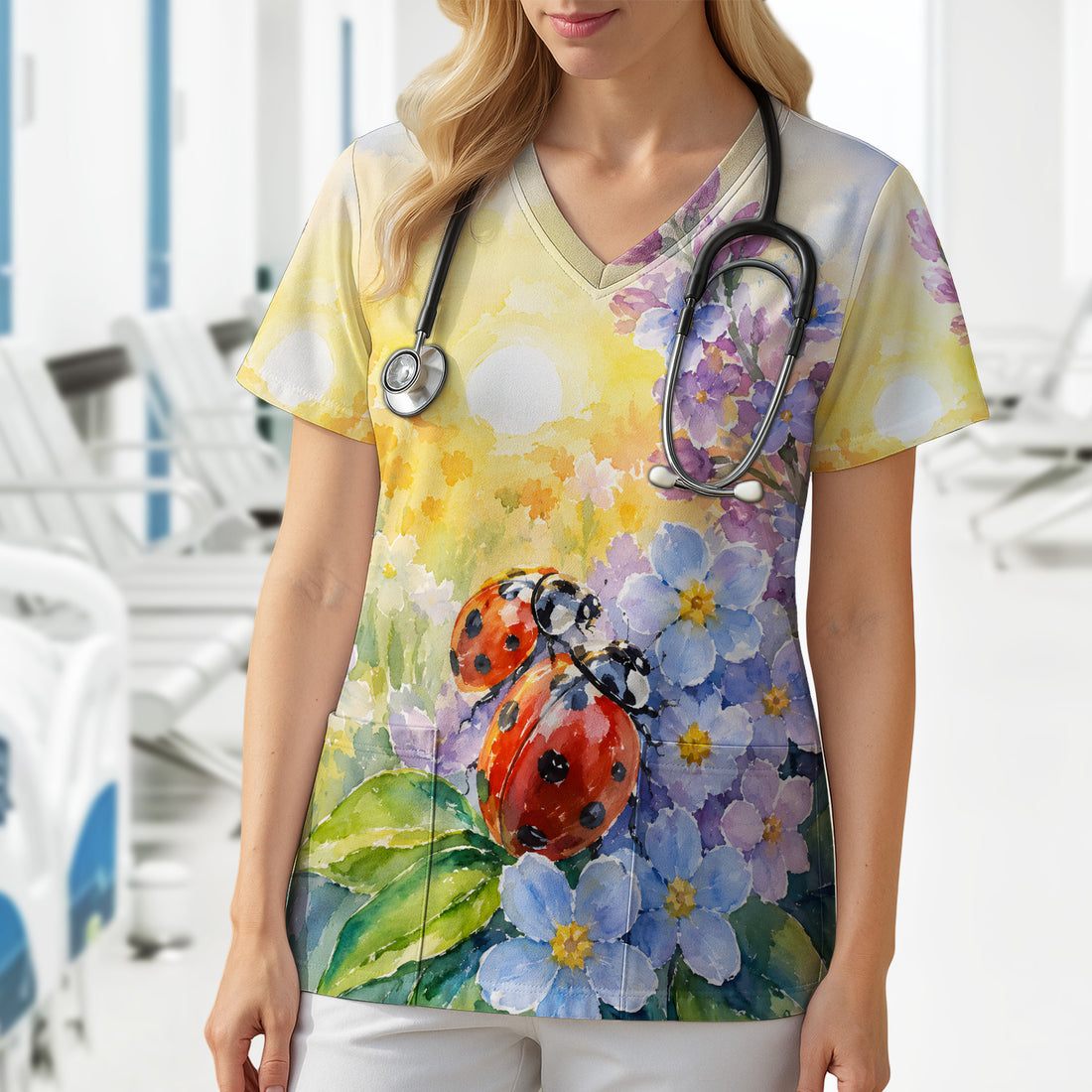 Ladybug Spring Flower Garden Print Scrub Top, Comfortable Scrubs for Nurses