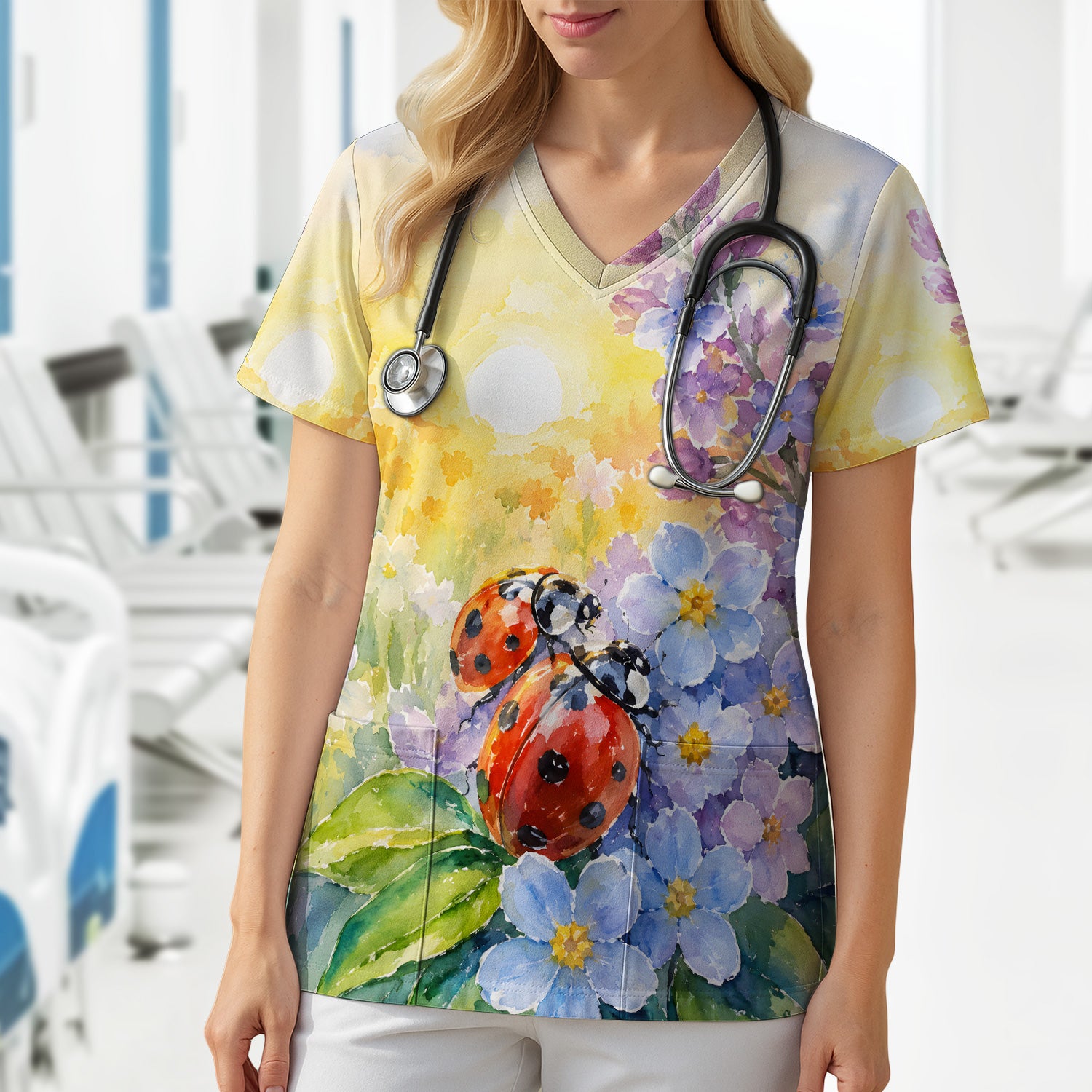 Ladybug Spring Flower Garden Print Scrub Top, Comfortable Scrubs for Nurses