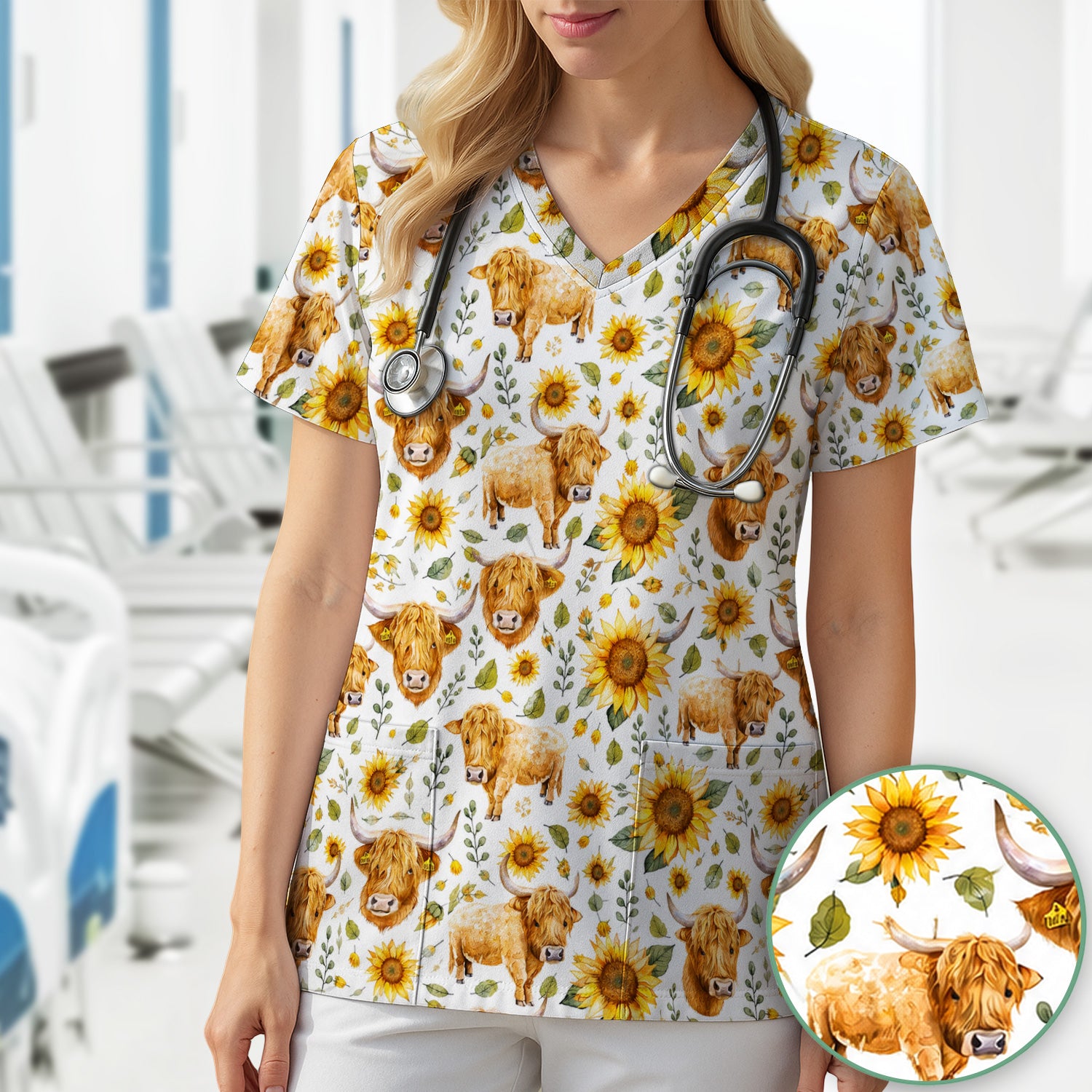 Highland Cow Sunflower Pattern Scrub Top, Comfortable Scrubs for Nurses
