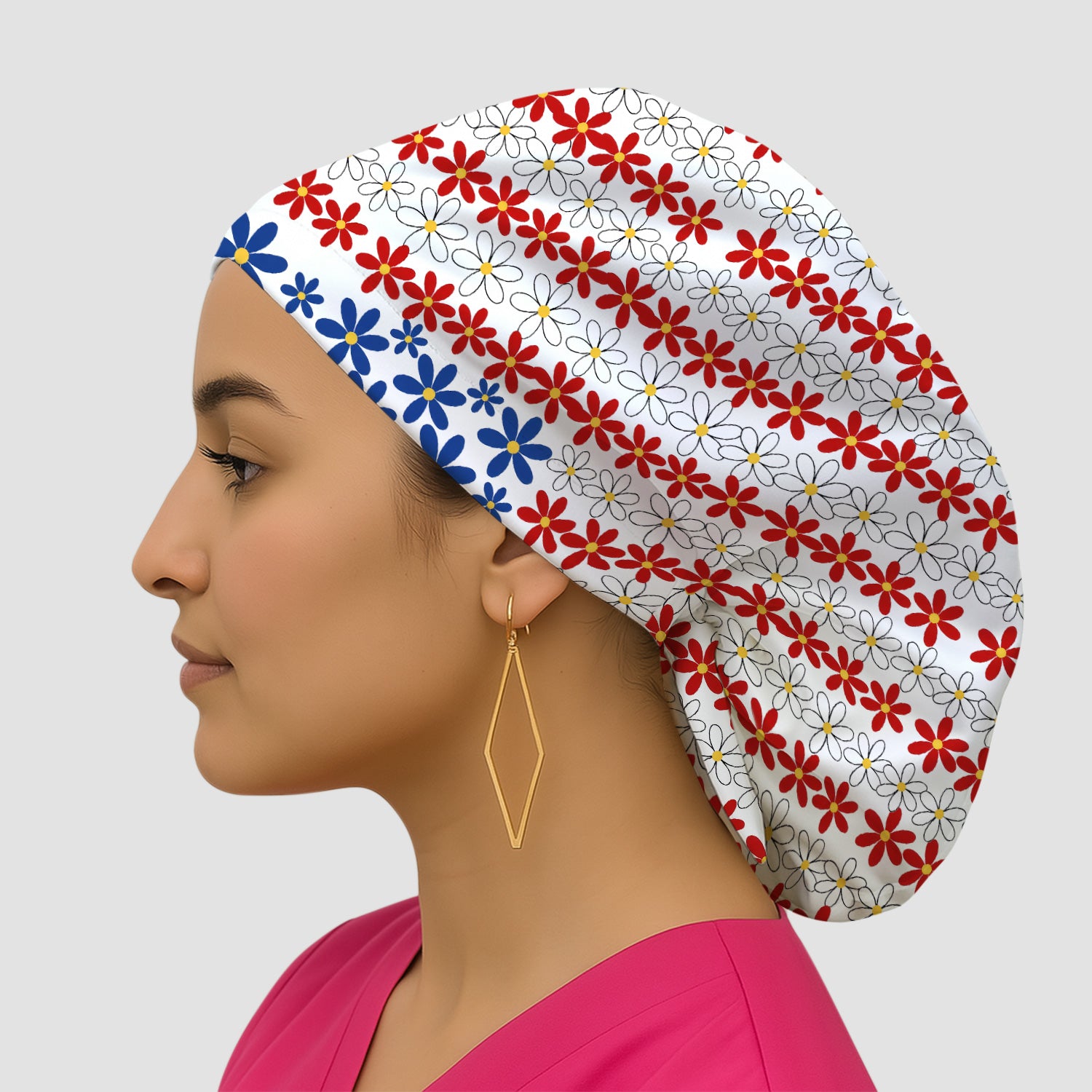 Retro Red Blue Daisy Stripe Pattern Scrub Cap, Surgical Caps for Doctors