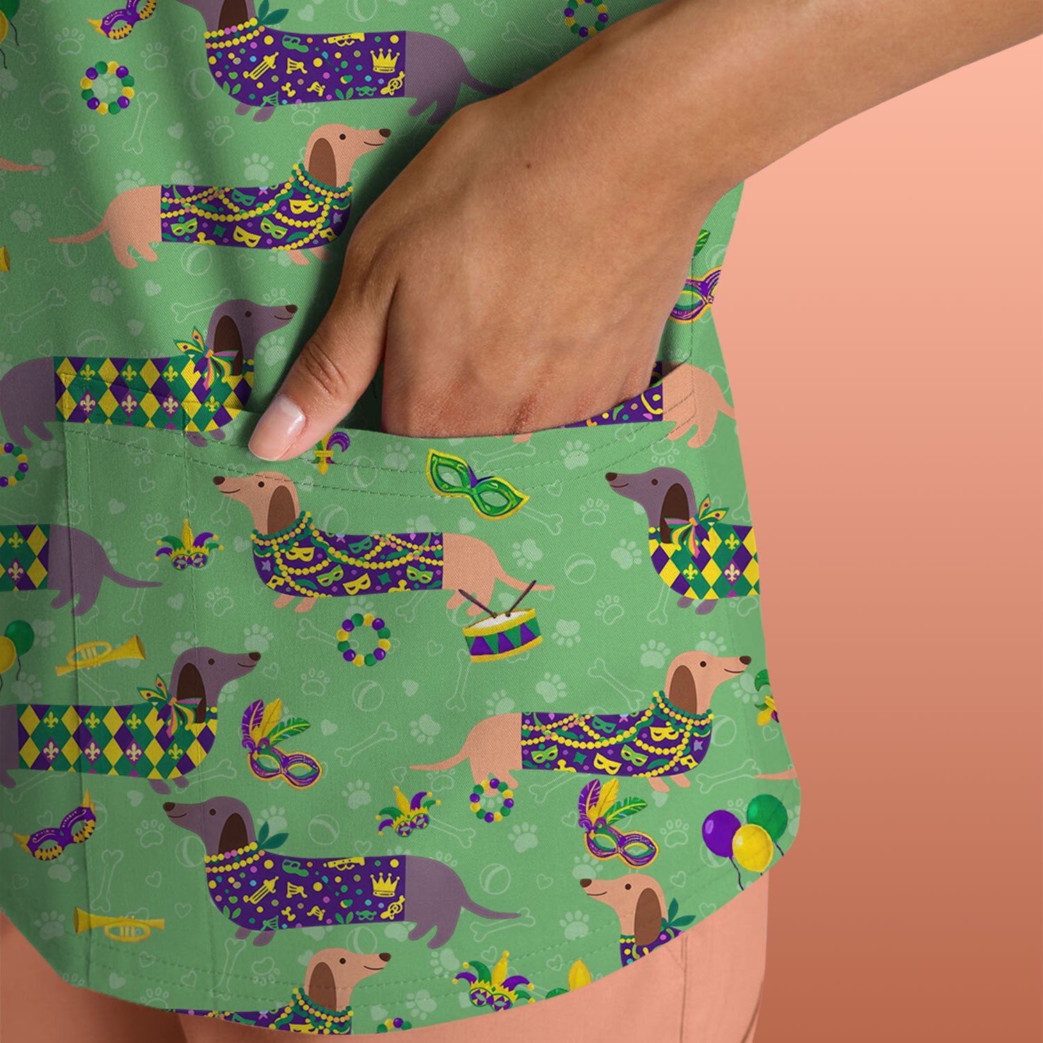 Mardi Gras Dachshund Nurse Scrub Top, Wiener Dog Holiday Pattern Nurses Shirt, Comfortable Uniform Scrubs For Nursing