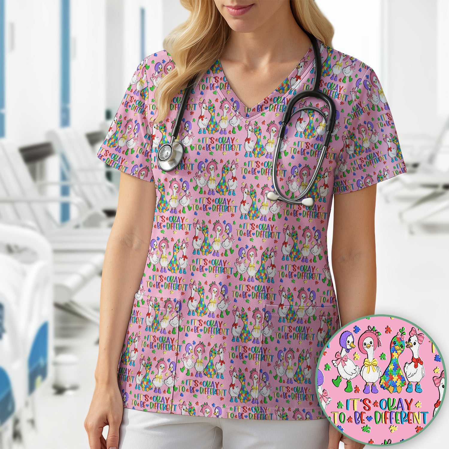 It’s Okay To Be Different Duck Pattern Scrub Top, Comfortable Scrubs For Nurses