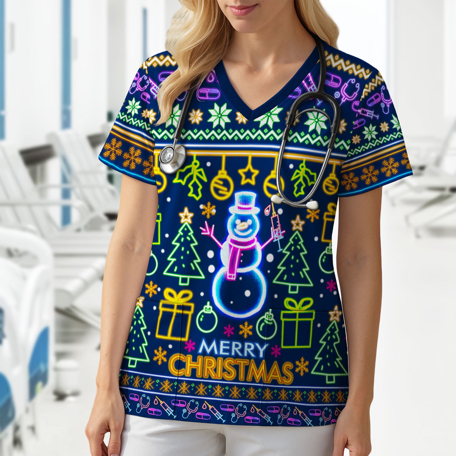 Neon Snowman Christmas Scrub Top for Nurses - Merry Christmas Holiday Lights Pattern - Funny Festive Medical Uniform for RN LPN CNA