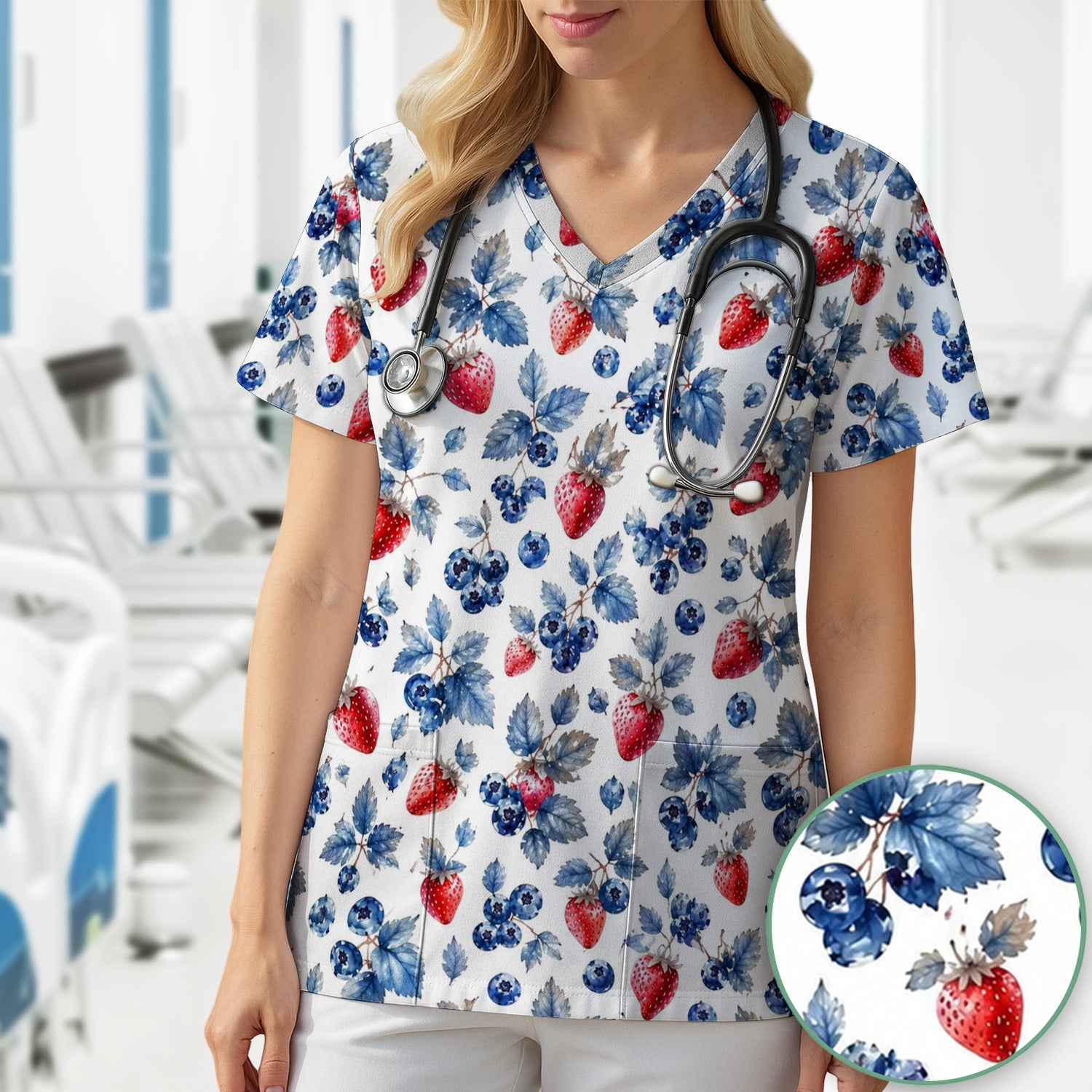 Cute Strawberry & Blueberry Leaf Pattern Scrub Top, Comfortable Scrubs for Nurses