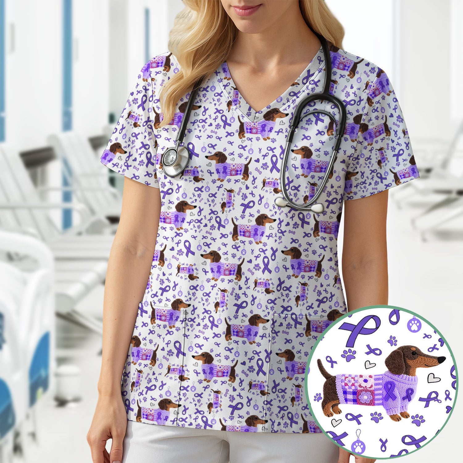 Purple Ribbon Dachshund Scrub Top for Nurses - Cute Awareness Dog Paw Prints - Support Lupus Cancer Med Uniform Gift for Women