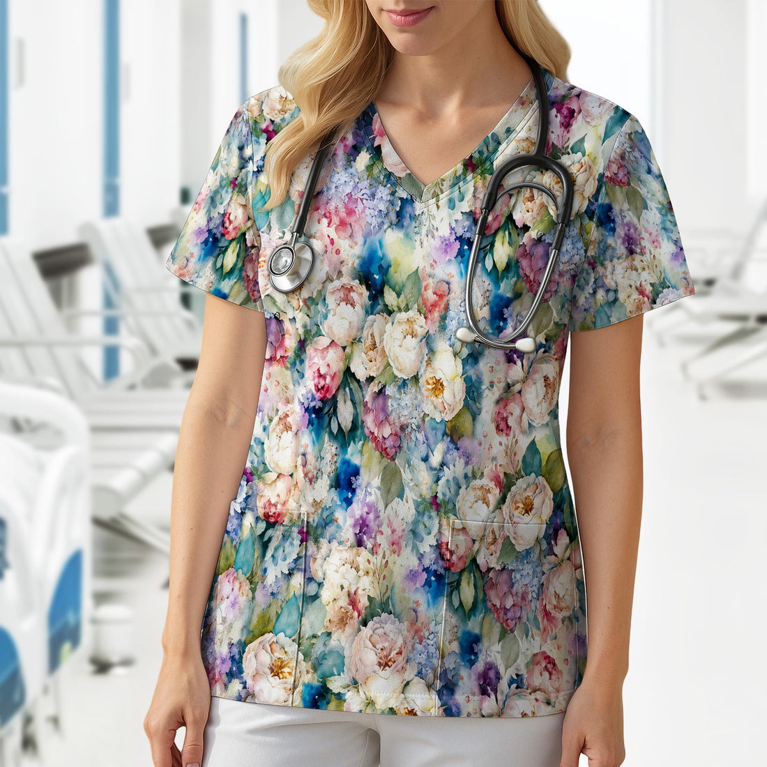 Watercolor Peony Hydrangea Floral Print Scrub Top, Comfortable Scrubs for Nurses