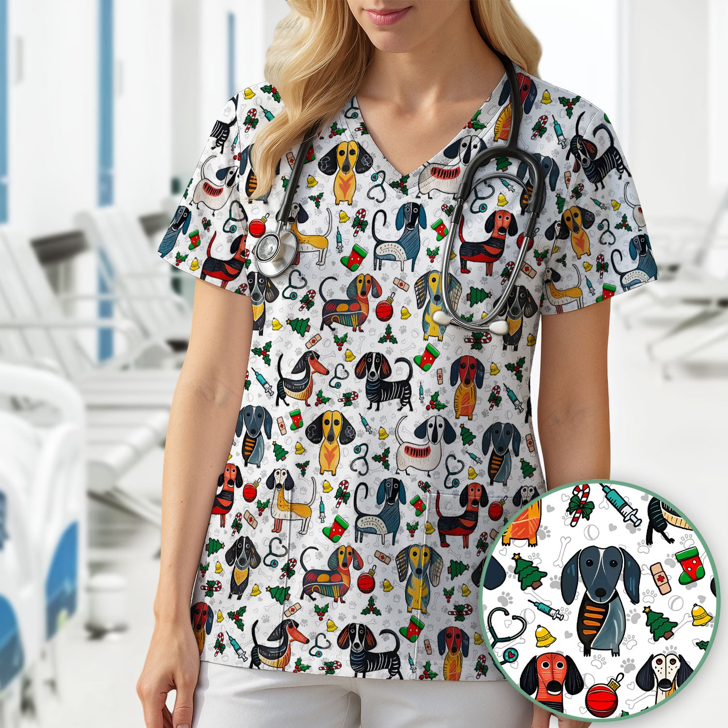 Dachshund Christmas Scrub Top - Cute Wiener Dog Nurse Uniform for Women - Holiday Medical Shirt