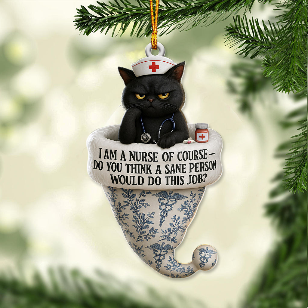 Custom Name Black Cat Nurse Ornament, Funny Toile de Jouy Nursing Christmas Decor, Sarcastic Nurse Holiday Gift