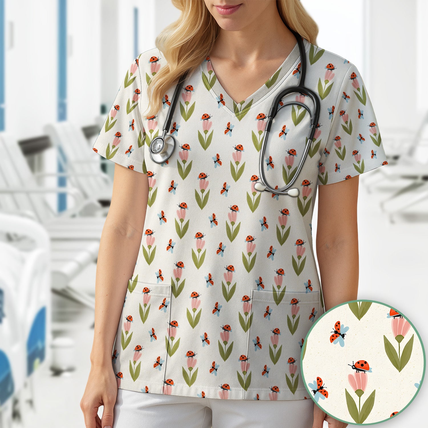 Cute Ladybug Tulip Floral Pattern Scrub Top, Comfortable Scrubs for Nurses