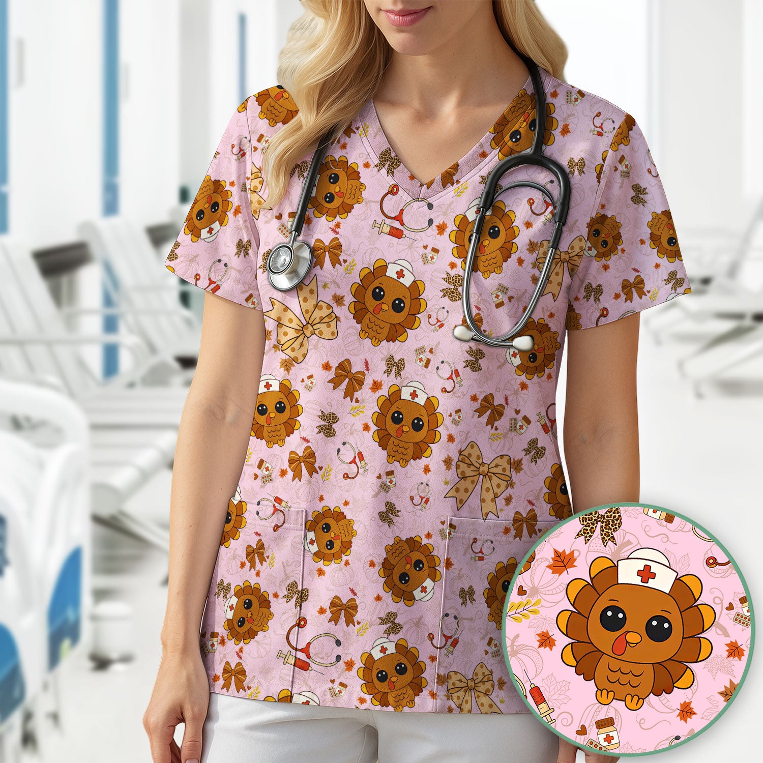 Thanksgiving Turkey Scrub for Nurses - Breathable Fabrics Nursing Uniform - Autumn Med Shirt Gift for Women