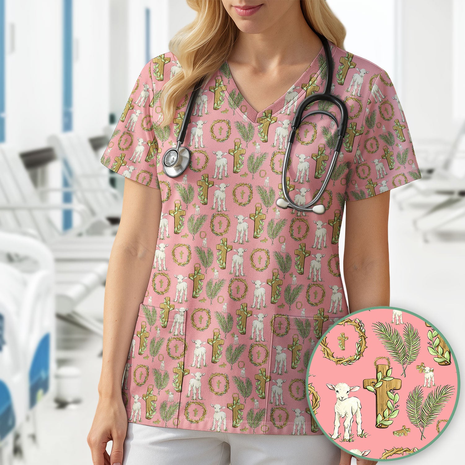 Faith Lamb Cross Pattern Scrub Top, Comfortable Scrubs for Nurses