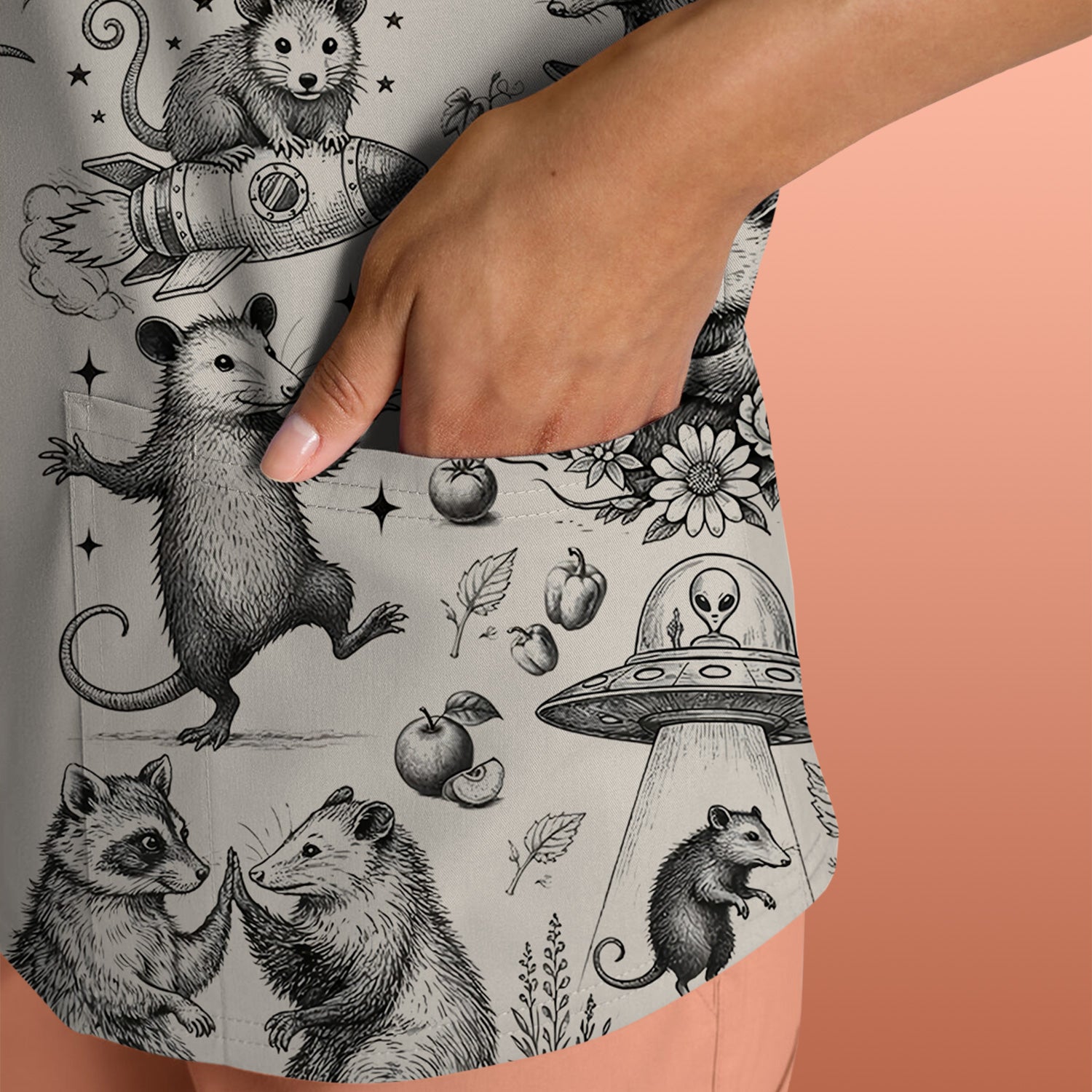 Funny Nurse Vintage Possum Raccoon High Five UFO Pattern Scrub Top, Breathable Fabrics Nursing Uniform