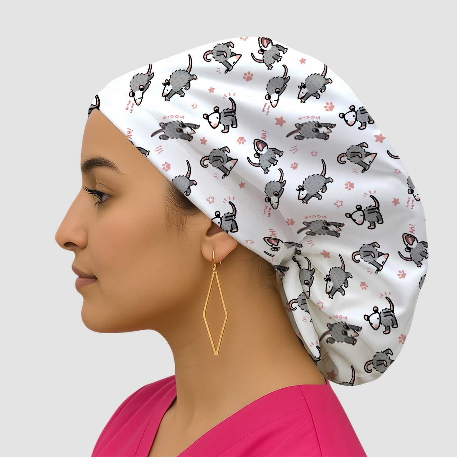 Playful Cartoon Opossum Character Pattern Cap, Bouffant Scrub Caps for Women