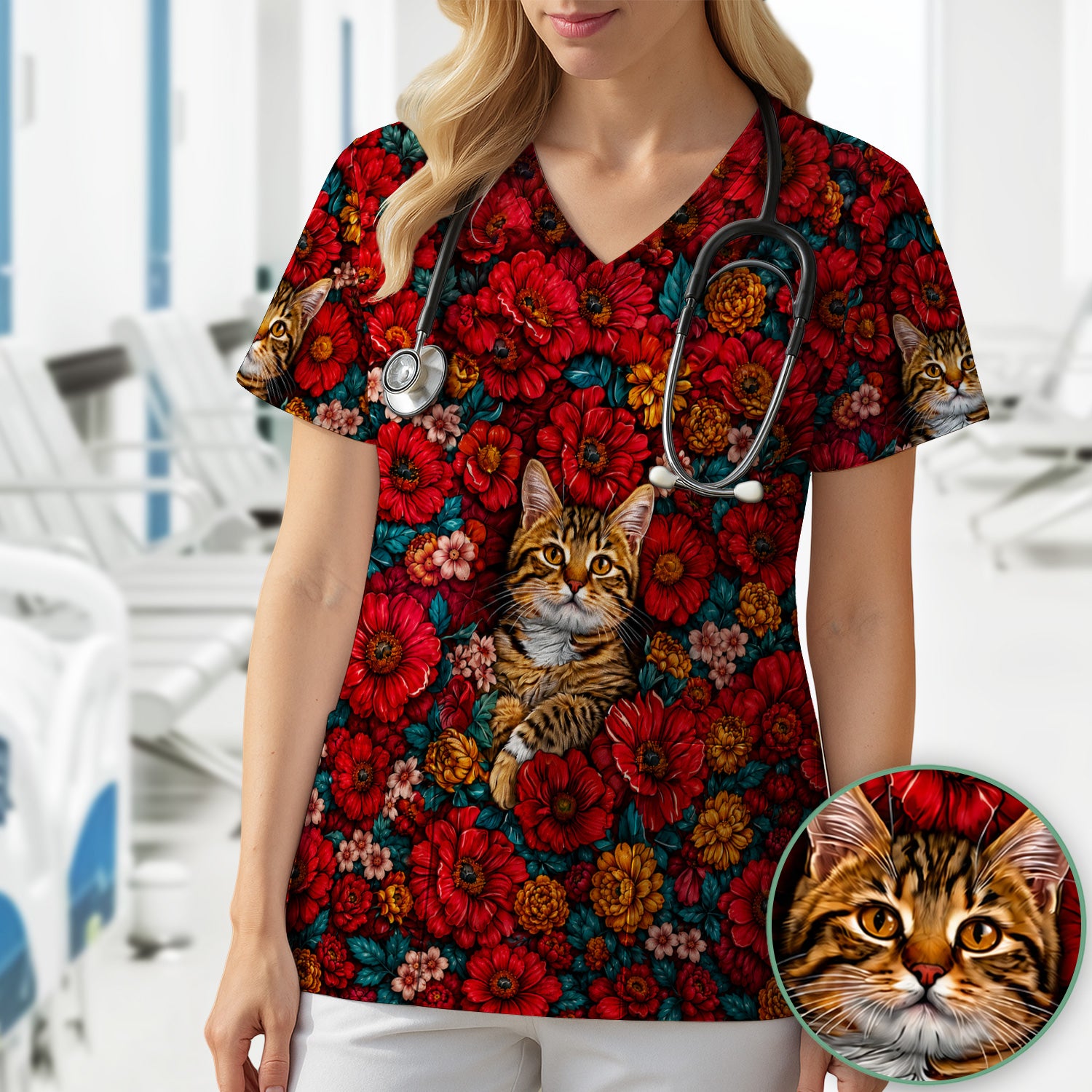 Adorable Tabby Cat Floral Garden Pattern Scrub Top, Comfortable Scrubs for Nurses