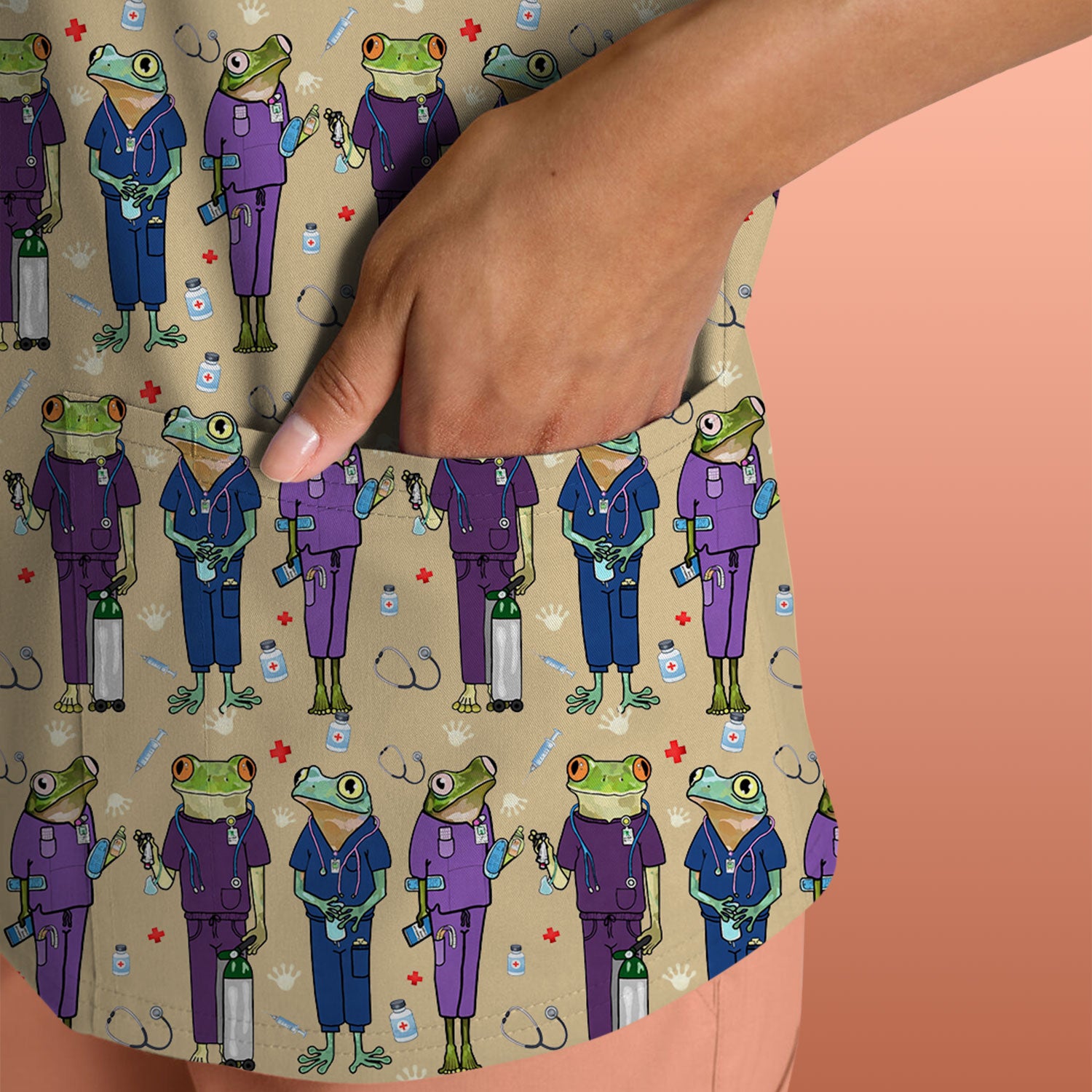 Funny Frog Nurse Pattern Scrub Top, Breathable Healthcare Uniform Top