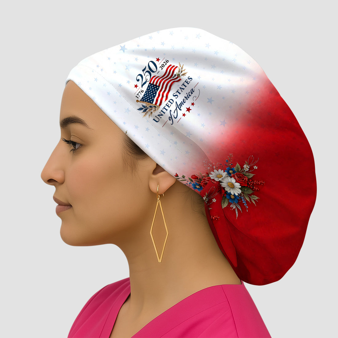 Patriotic 250th Flag Floral Pattern Scrub Cap, Surgical Caps for Doctors