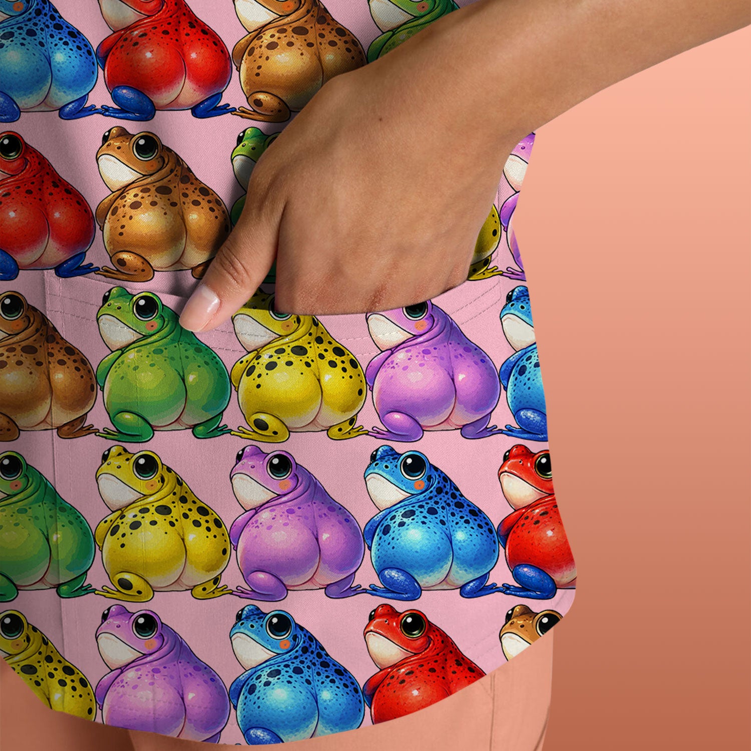 Funny Colorful Frogs Pattern Scrubs Top, Comfortable Scrubs for Nurses