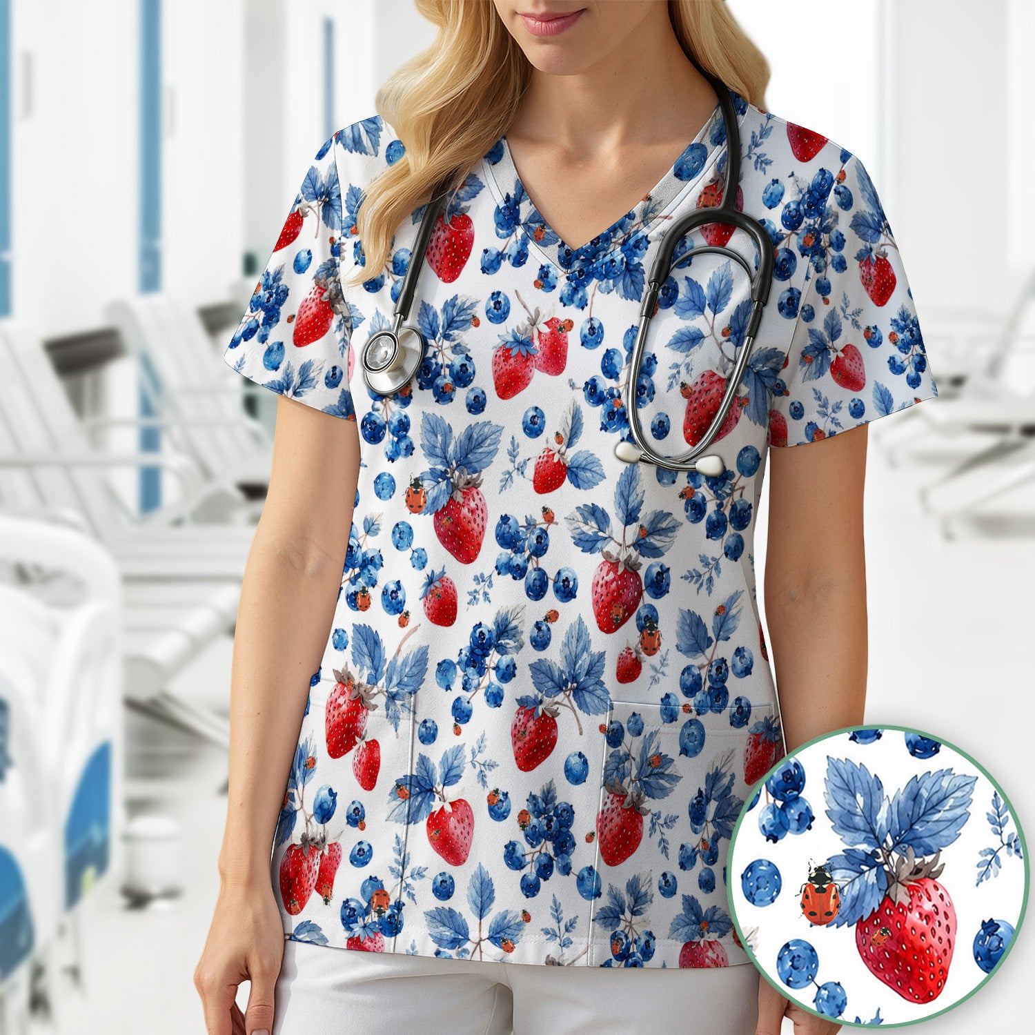 Cute Strawberry Blueberry Ladybug Pattern Scrub Top, Comfortable Scrubs for Nurses
