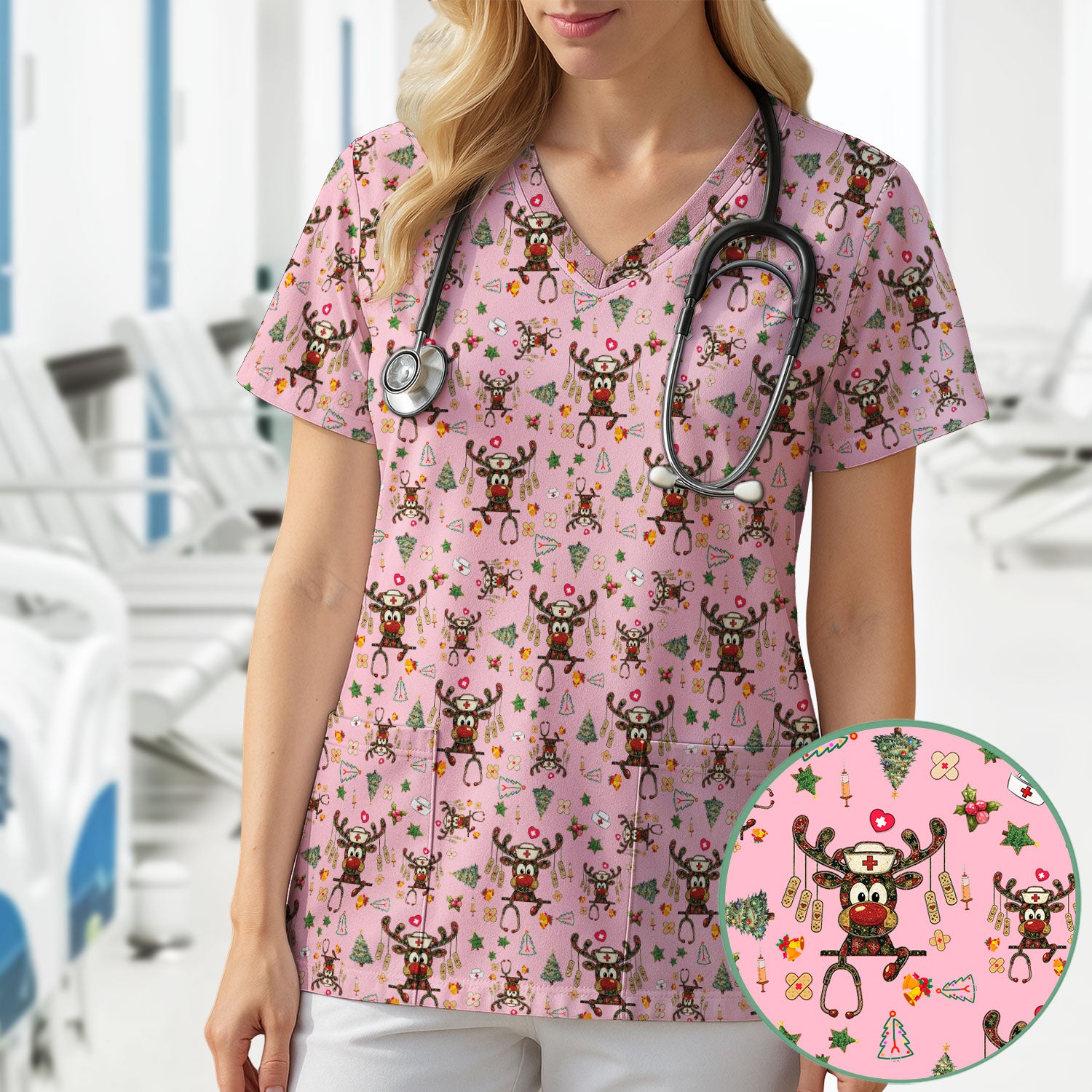 Reindeer Christmas Nurse Scrub Top - Funny Holiday Scrub Shirt - Cute Medical Uniform for Women RN LPN CNA Gift