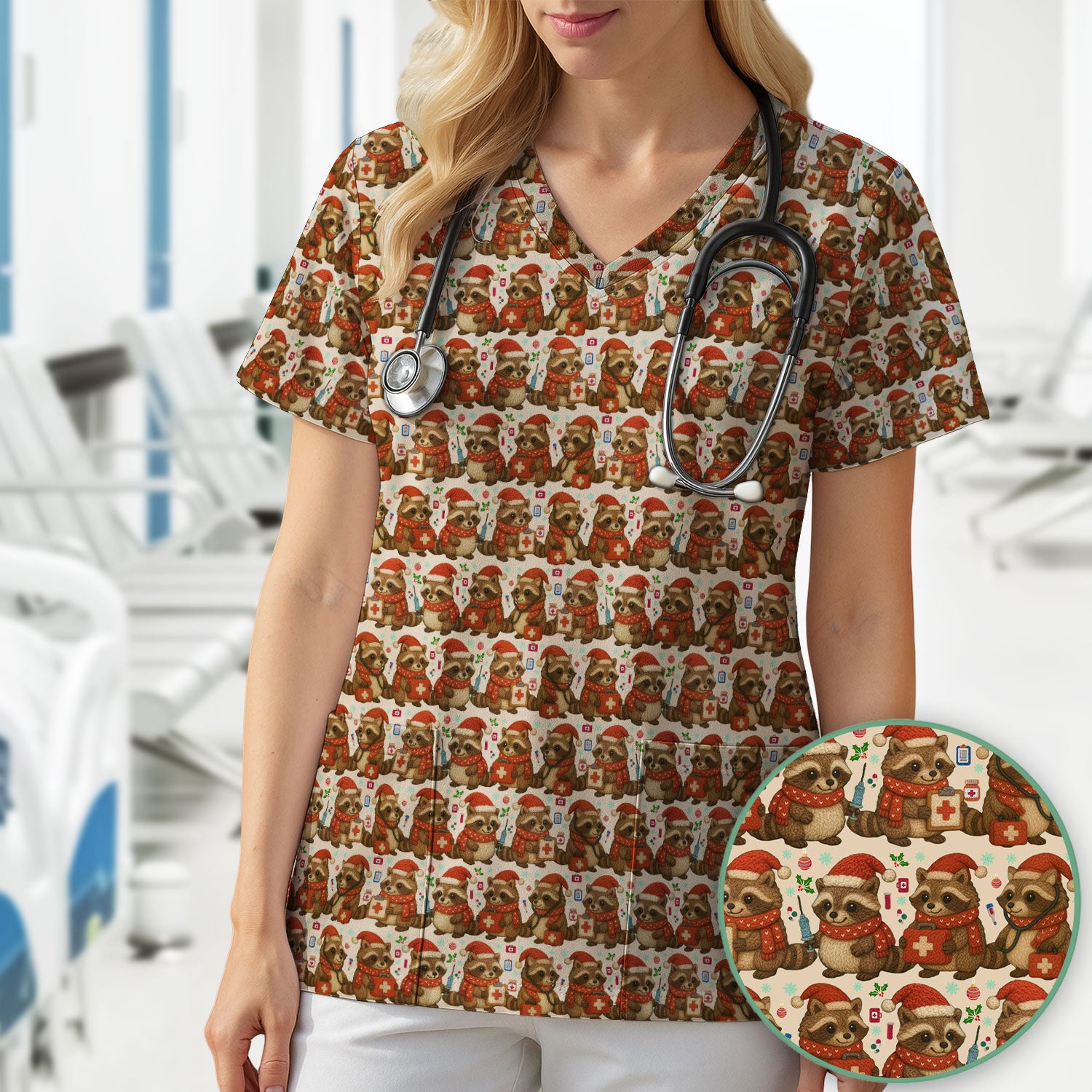 Christmas Scrub Top – Nurse Raccoon Pattern Shirt – Cute Medical Uniform For Nursing