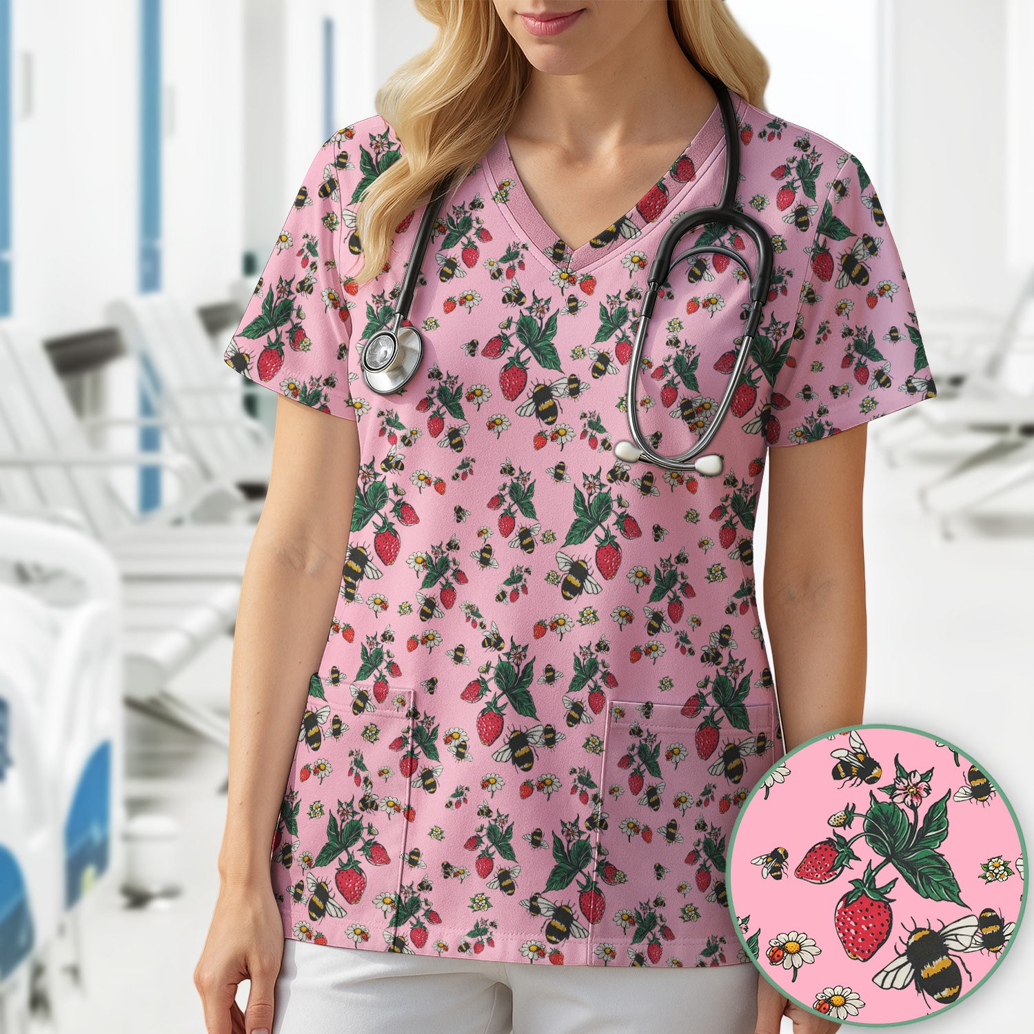 Cute Strawberry Bee Daisy Floral Pattern Scrub Top, Comfortable Scrubs for Nurses