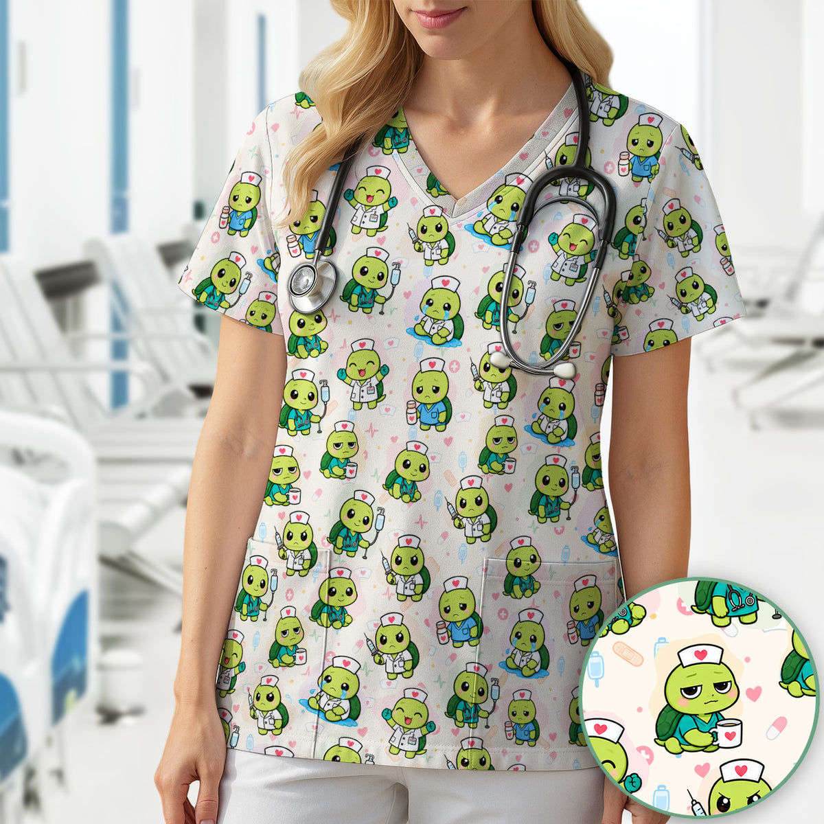 Cute Nurse Turtle Medical Icons Scrub Top, Comfortable Scrubs for Nicu Nurses