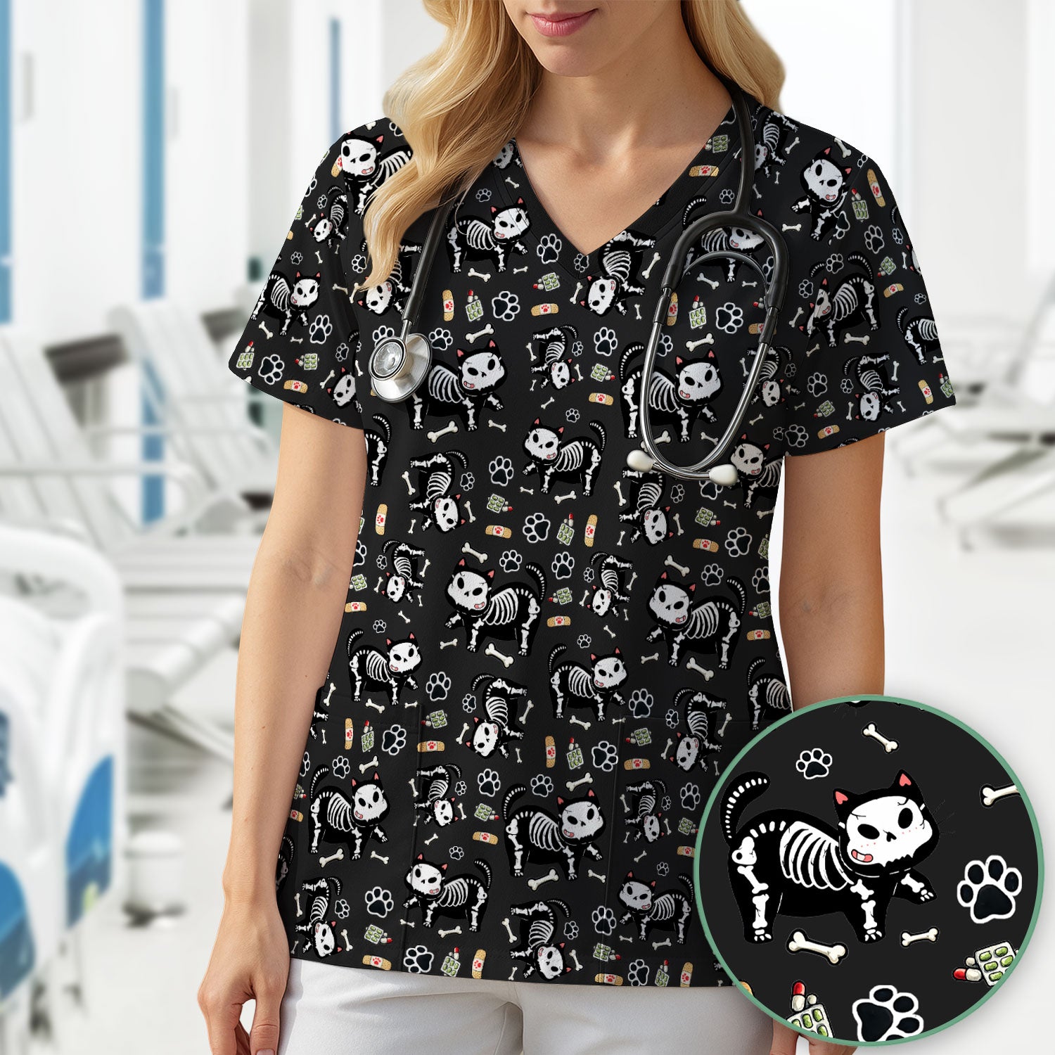Skeleton Cat Medical Pattern Scrub Top, Comfortable Scrubs for Nurses
