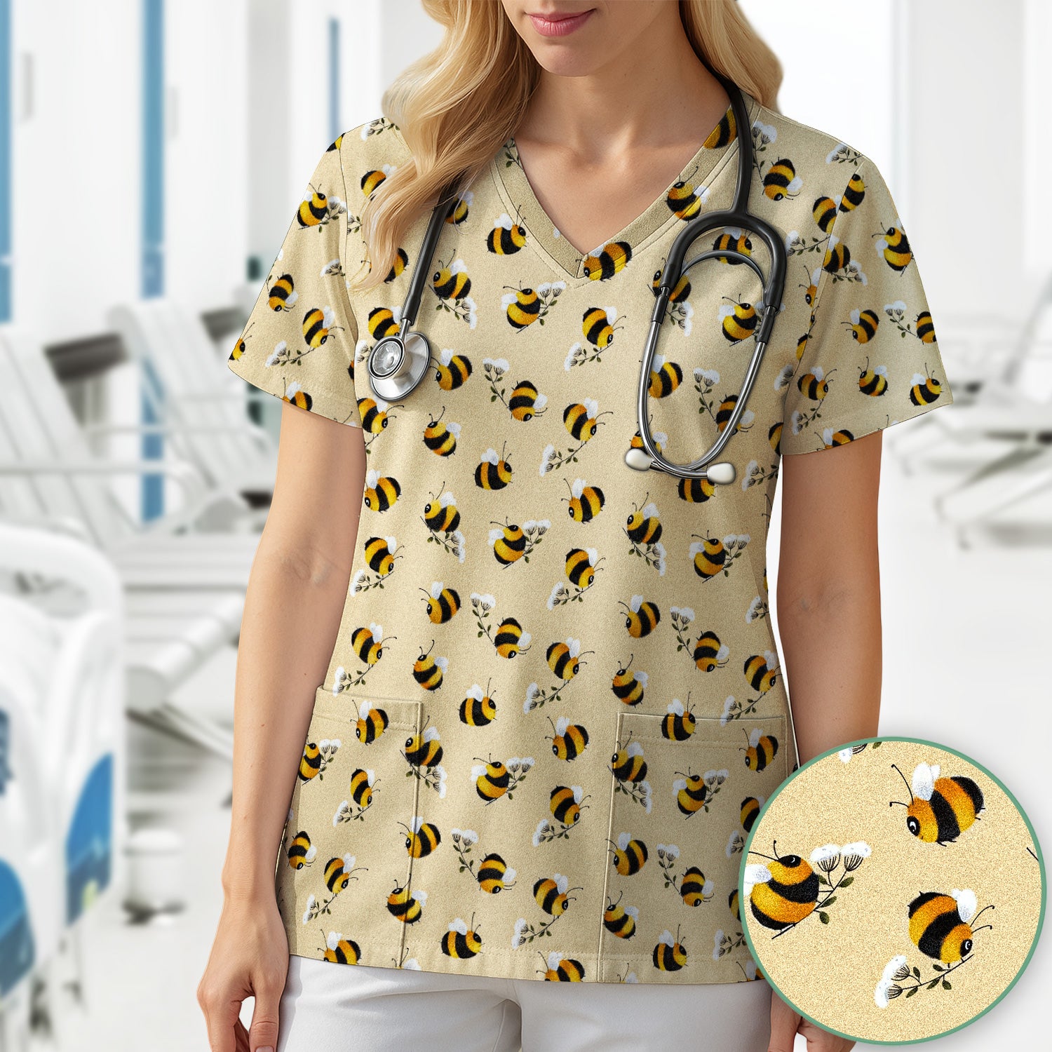 Cute Bumble Bee Blossom Pattern Scrub Top, Comfortable Scrubs for Nurses