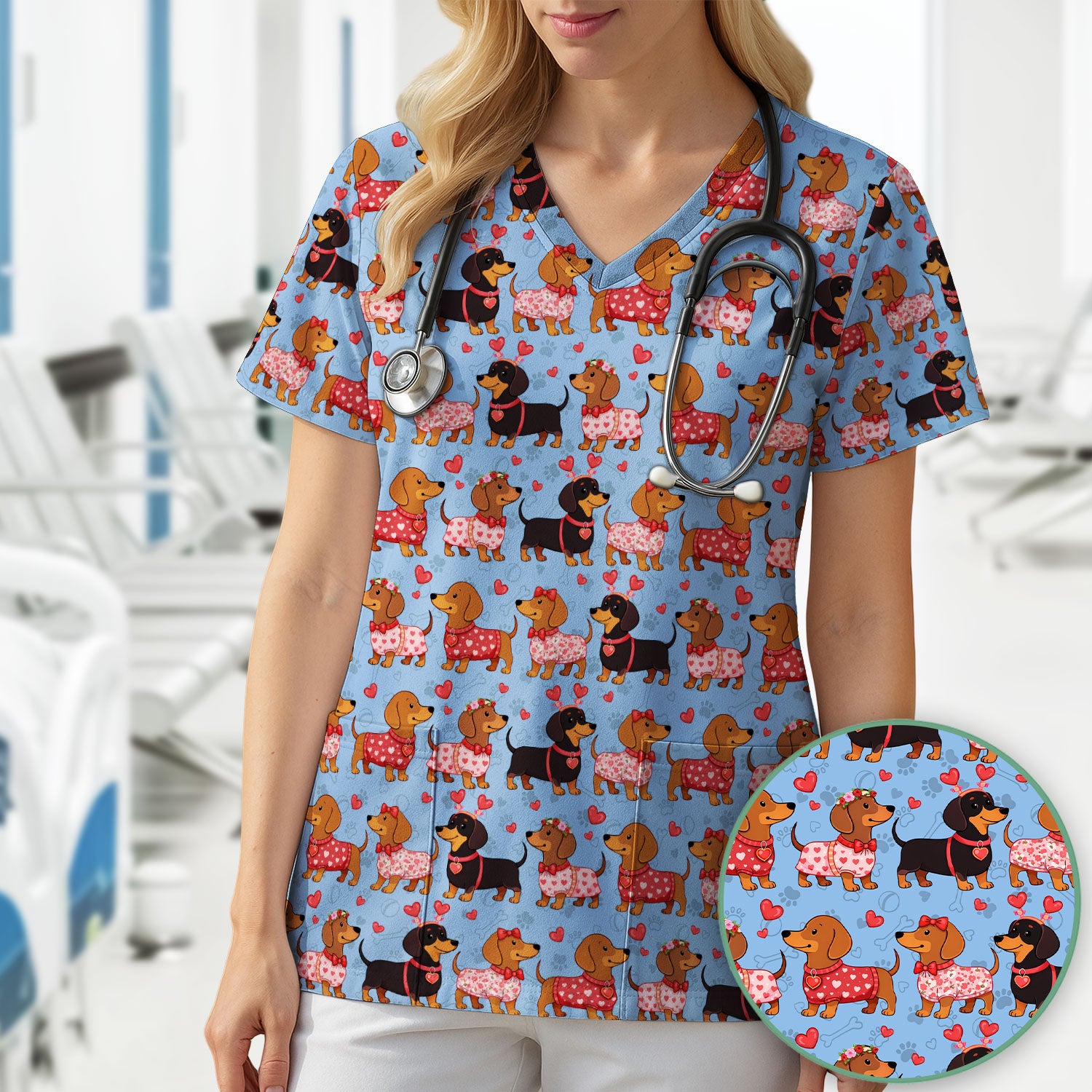 Valentine Dachshund Scrub Top, Wiener Dog Love Pattern Nurse Shirt, Breathable Fabrics Nursing Uniform
