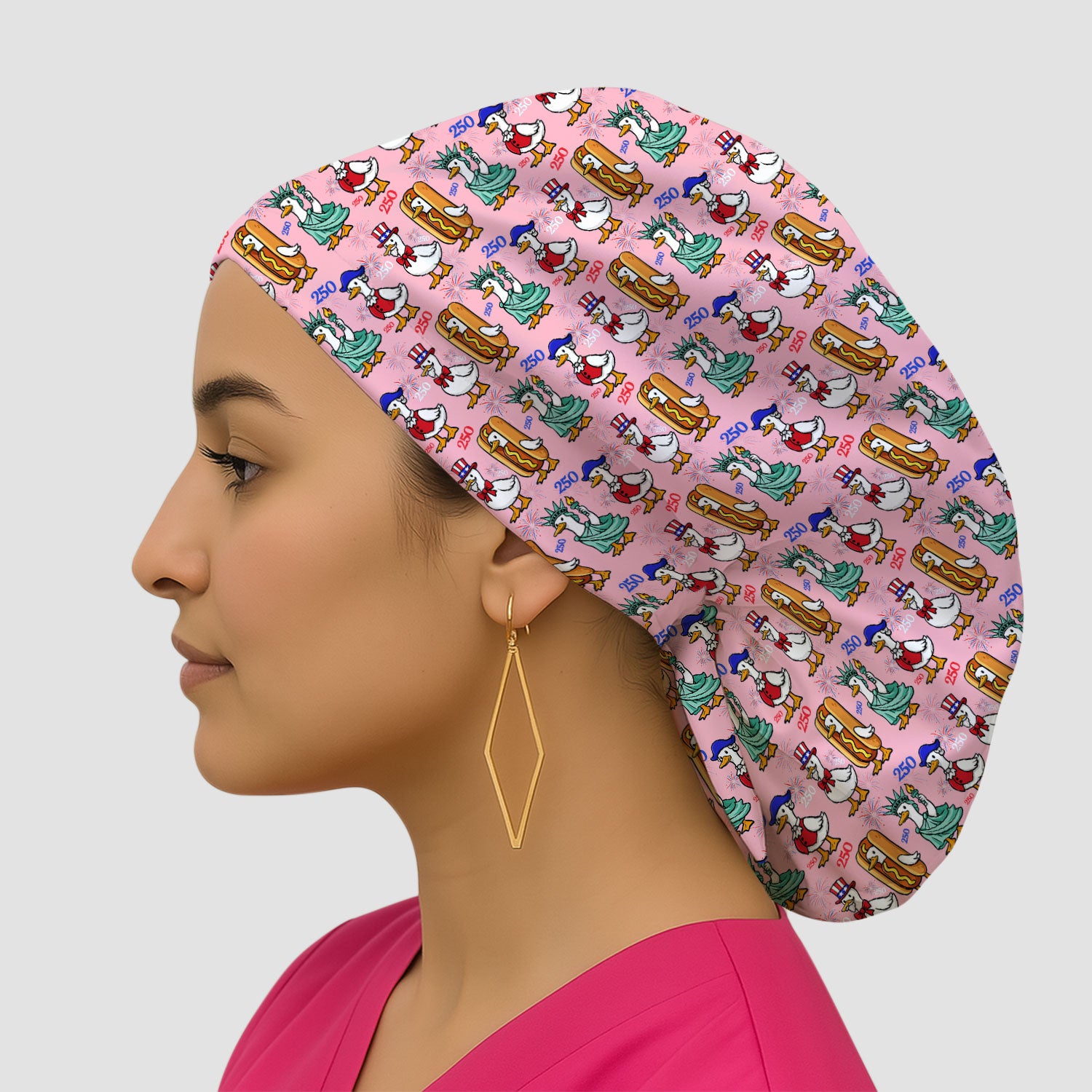 Patriotic Duck Independence Day Pattern Print Cap, Bouffant Scrub Caps for Women