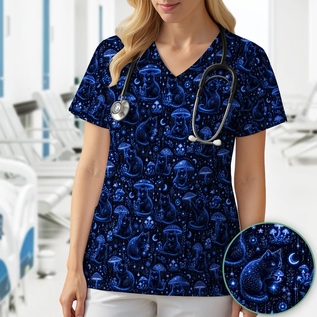 Celestial Black Cat Mushroom Pattern Scrub Top, Comfortable Scrubs for Nurses